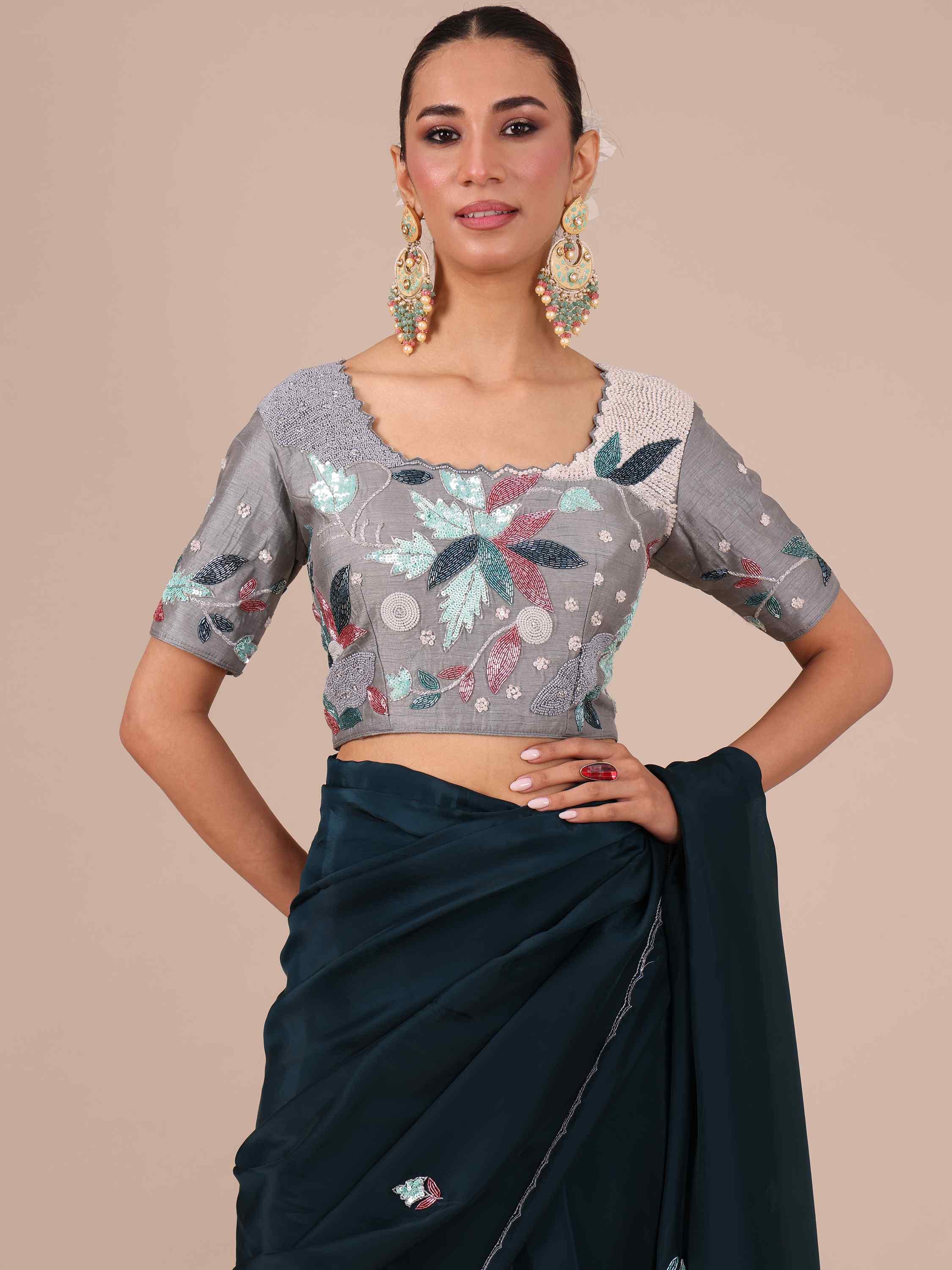 Peacock Blue Organza Silk Saree with Stitched Blouse - House of Surya