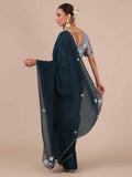 Peacock Blue Organza Silk Saree with Stitched Blouse - House of Surya