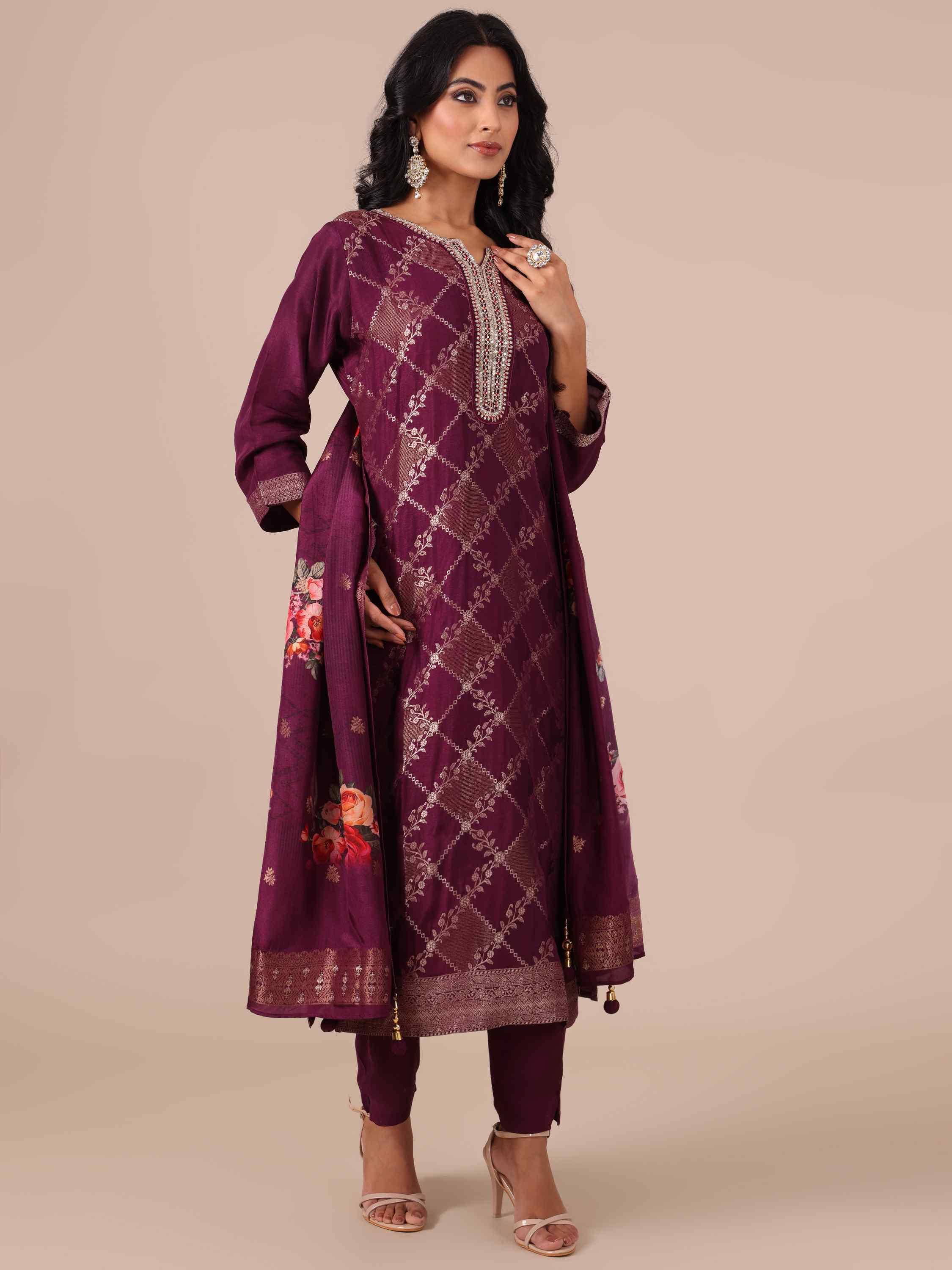 Wine Color Suit In Weaving, Zari & Sequins Work - House of Surya