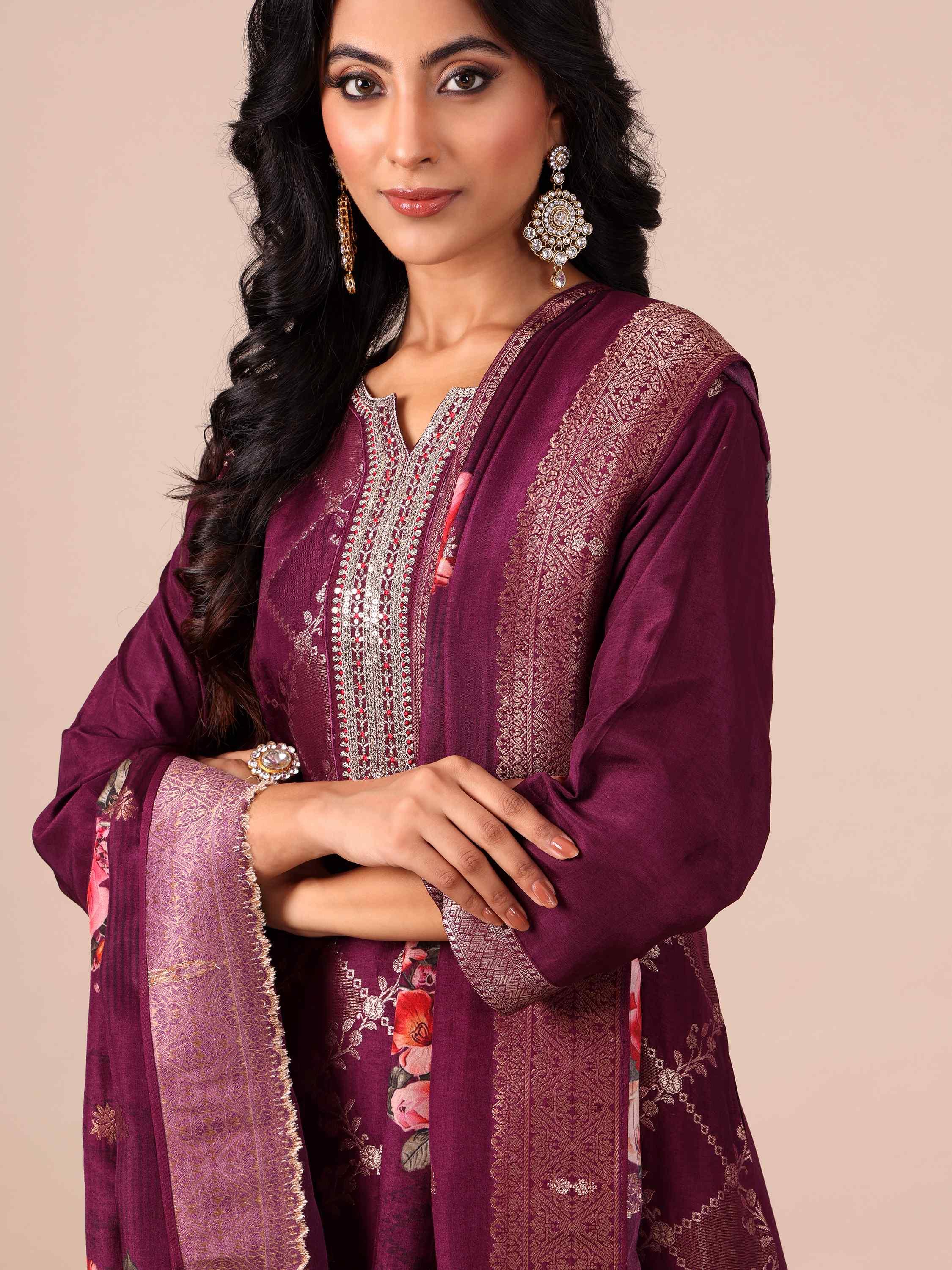 Wine Color Suit In Weaving, Zari & Sequins Work - House of Surya