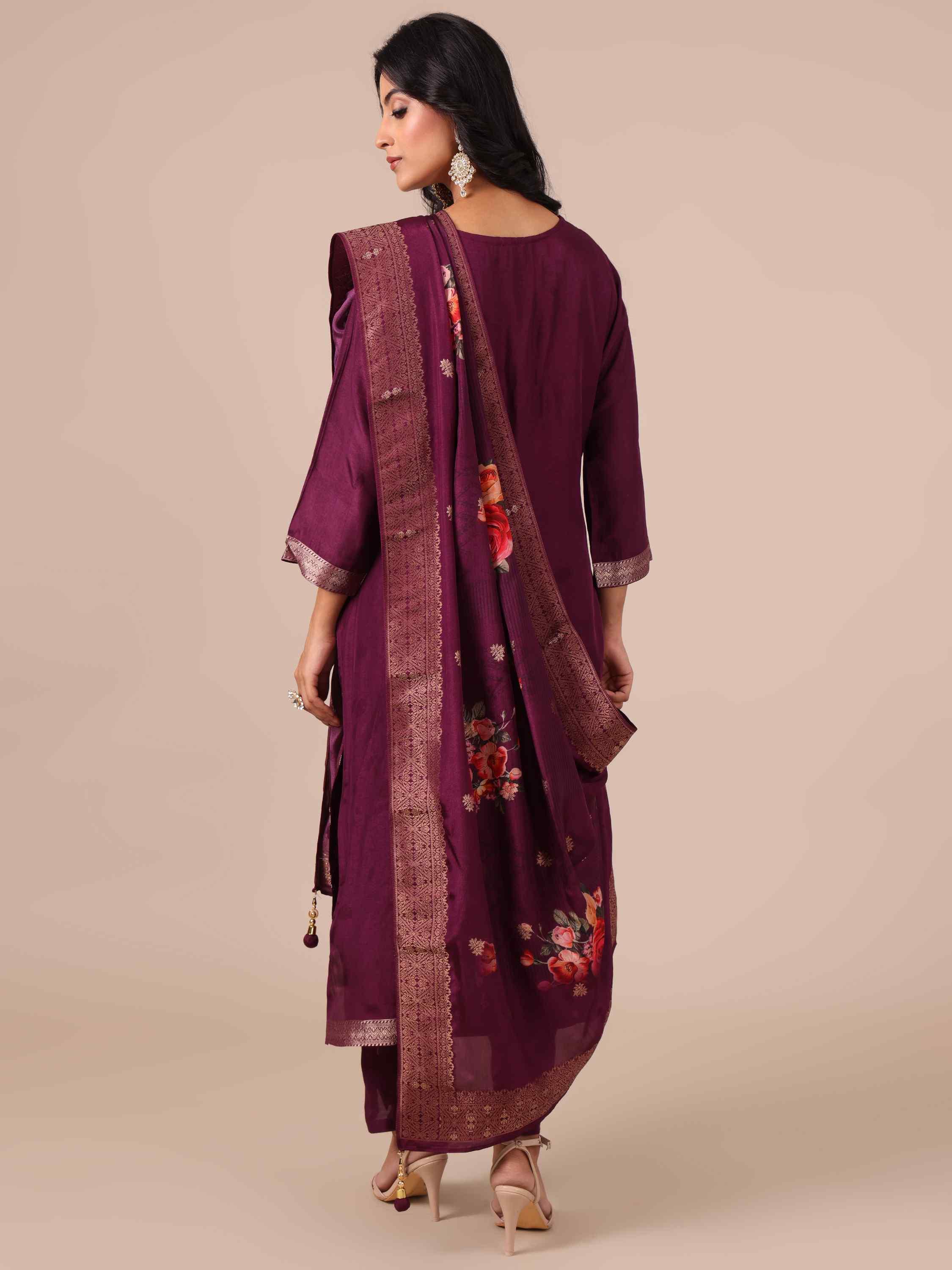 Wine Color Suit In Weaving, Zari & Sequins Work - House of Surya