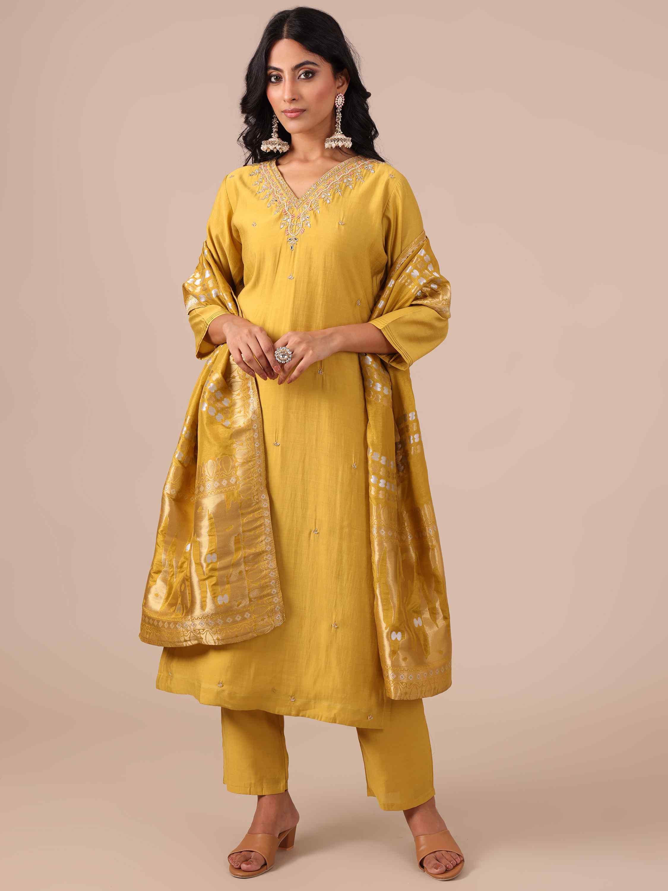 Yellow Suit In Mirror, Cutdana and Beads Work - House of Surya