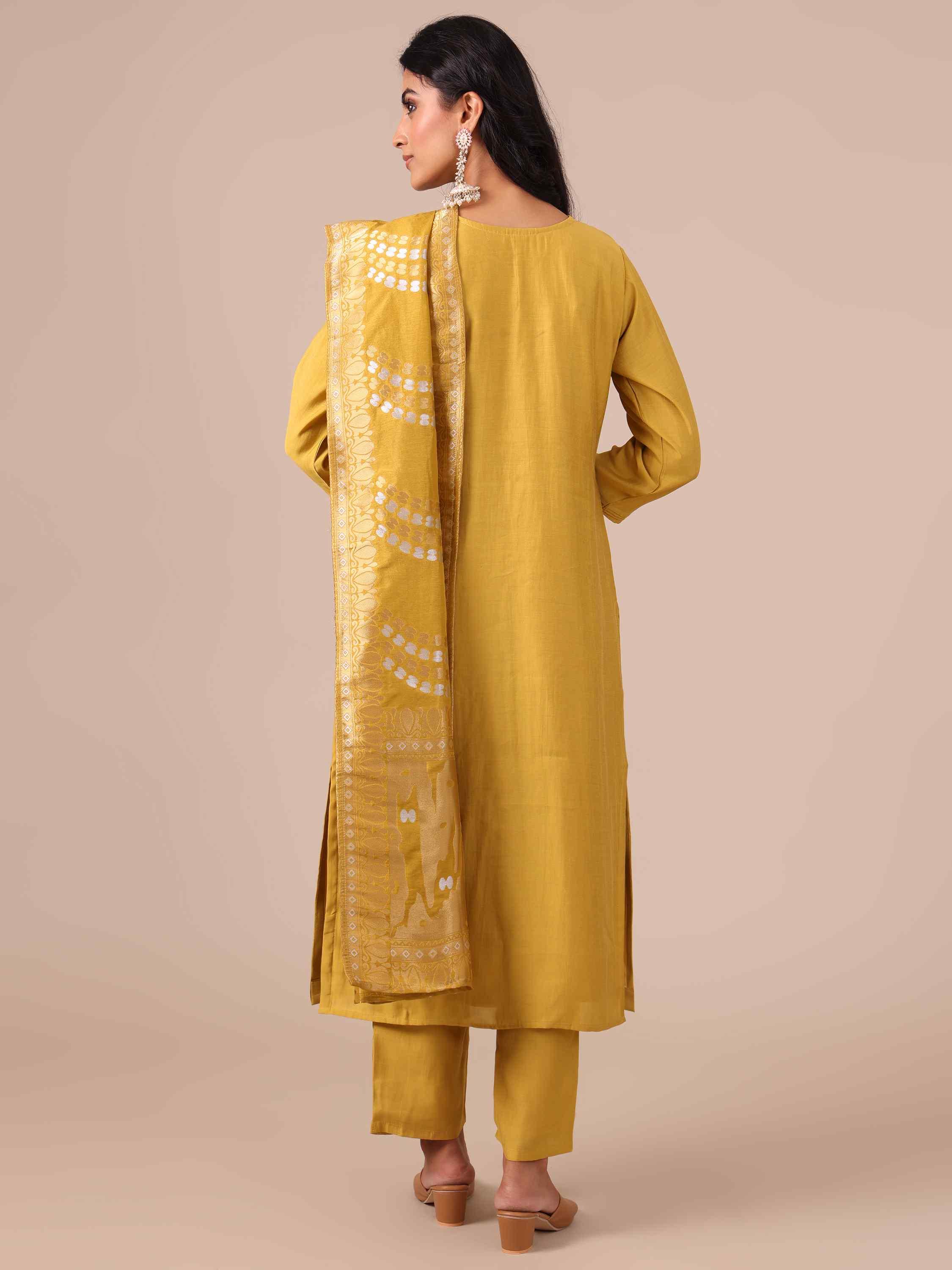 Yellow Suit In Mirror, Cutdana and Beads Work - House of Surya