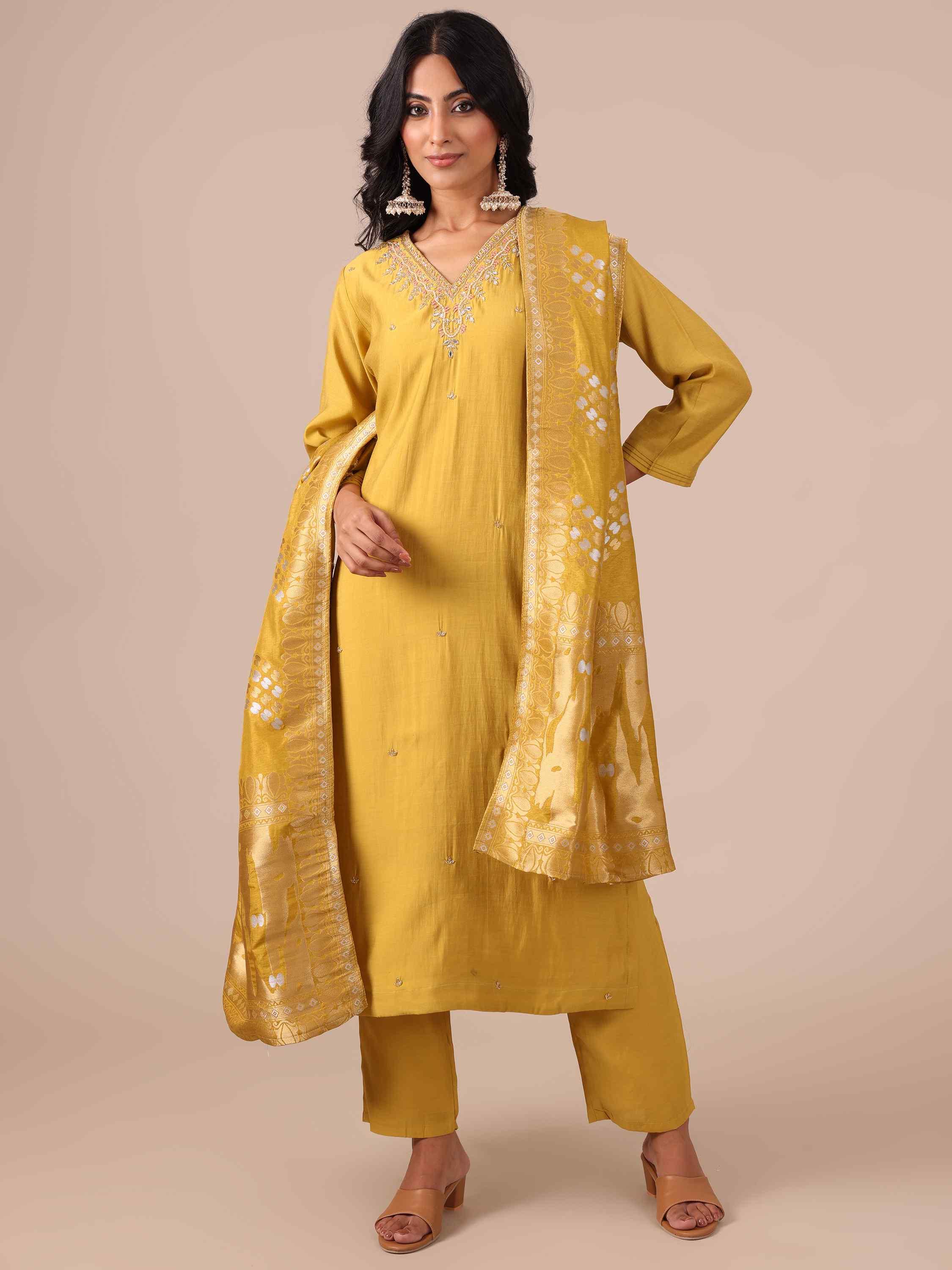 Yellow Suit In Mirror, Cutdana and Beads Work - House of Surya