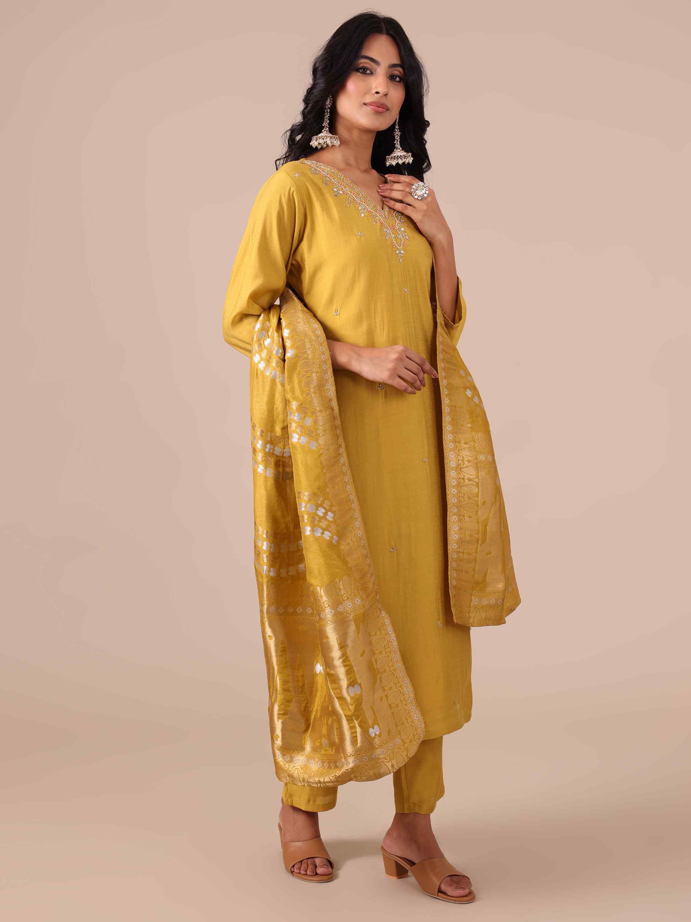 Yellow Suit In Mirror, Cutdana and Beads Work - House of Surya