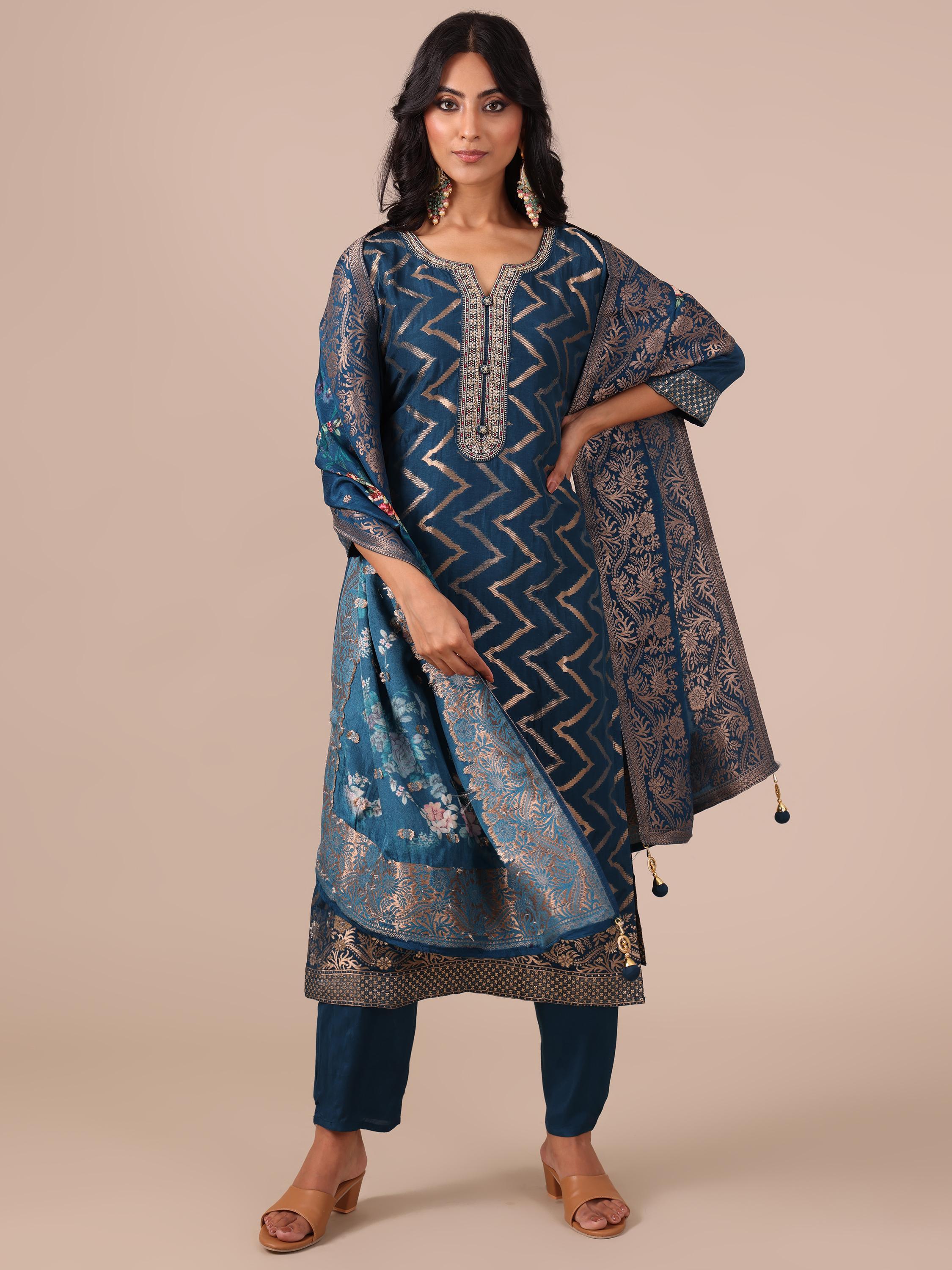 Peacock Blue Zari & Chandla Work Suit with Silk Dupatta - House of Surya