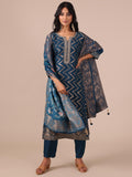 Peacock Blue Zari & Chandla Work Suit with Silk Dupatta - House of Surya