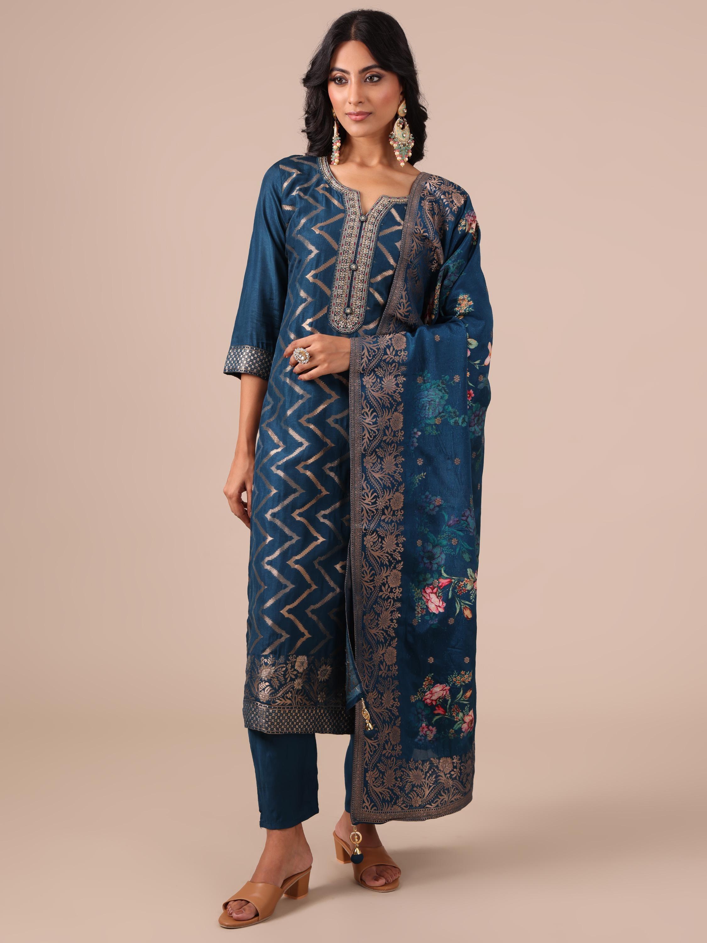Peacock Blue Zari & Chandla Work Suit with Silk Dupatta - House of Surya