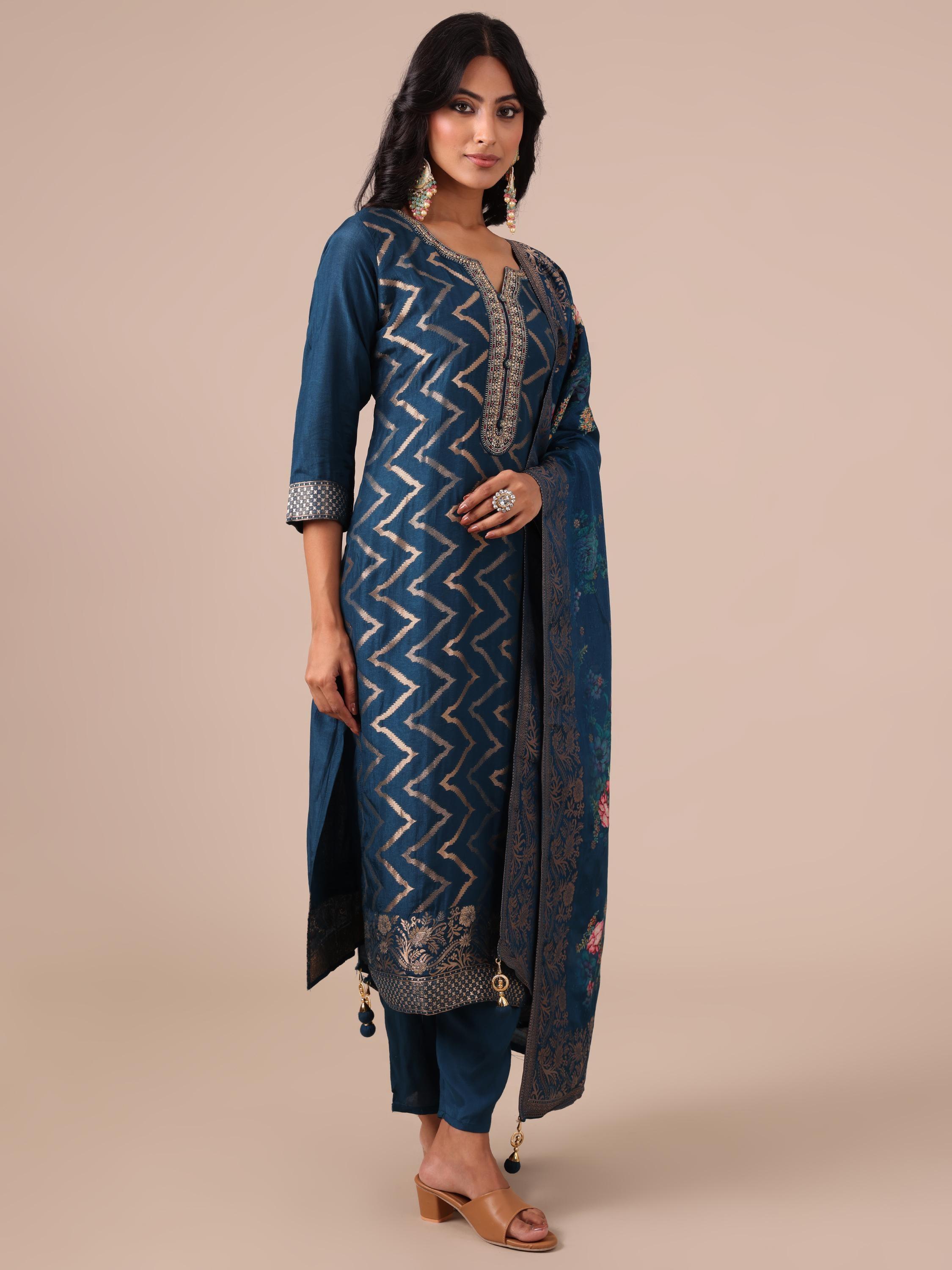 Peacock Blue Zari & Chandla Work Suit with Silk Dupatta - House of Surya