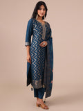 Peacock Blue Zari & Chandla Work Suit with Silk Dupatta - House of Surya