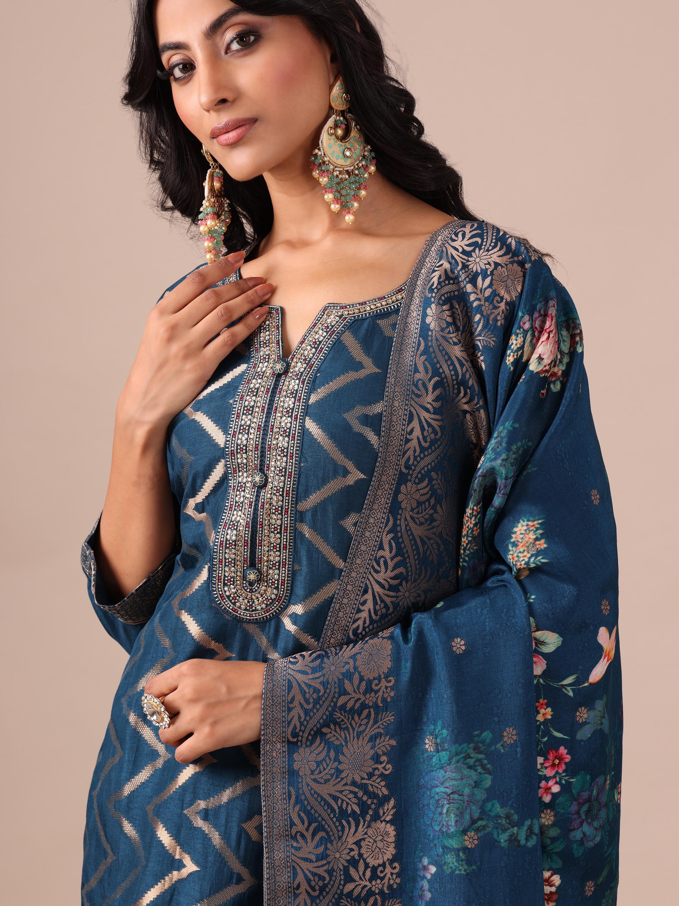 Peacock Blue Zari & Chandla Work Suit with Silk Dupatta - House of Surya