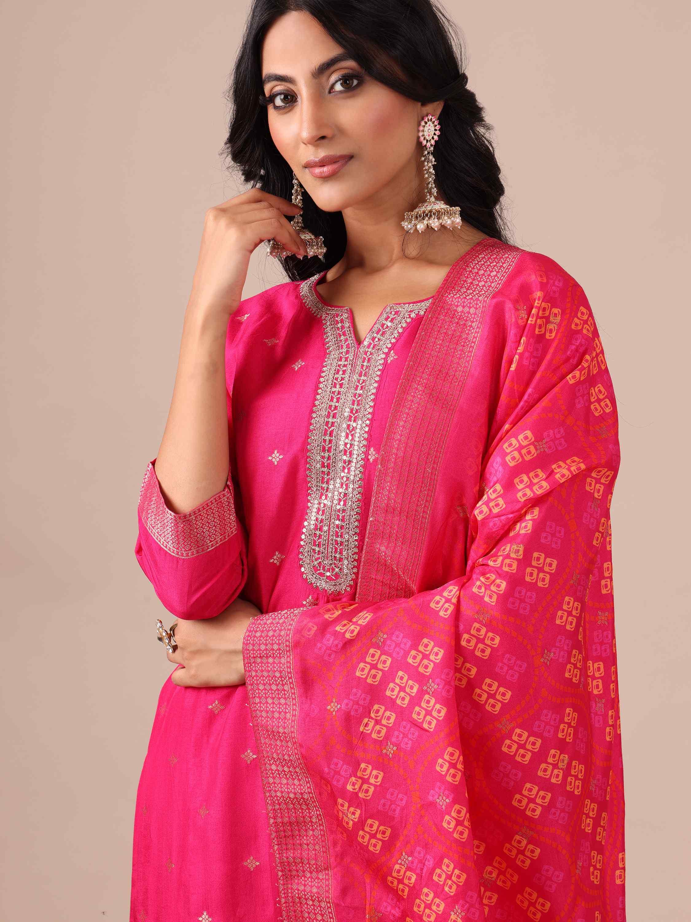 Rani Color Suit with Bandhej Dupatta - House of Surya