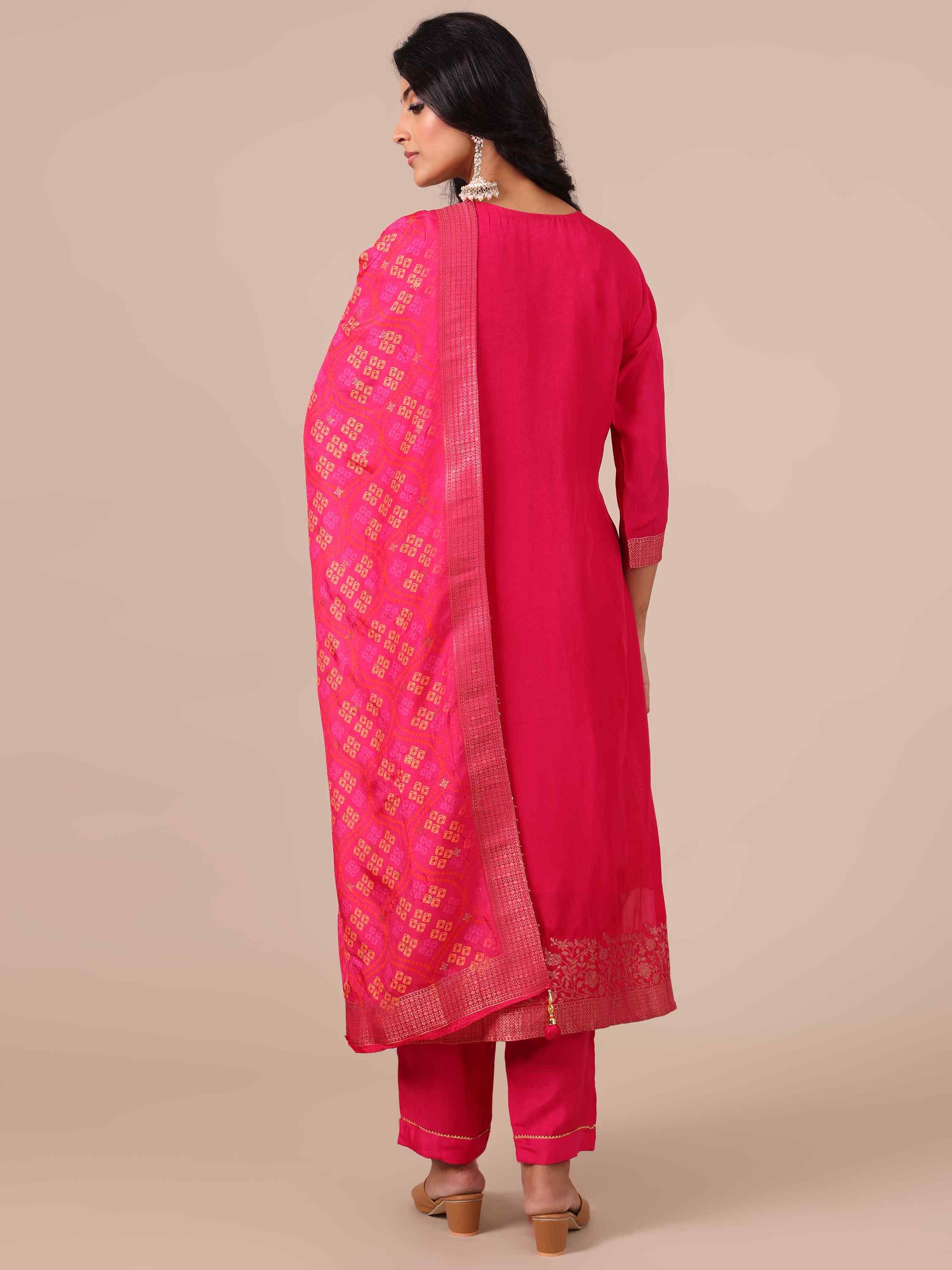 Rani Color Suit with Bandhej Dupatta - House of Surya