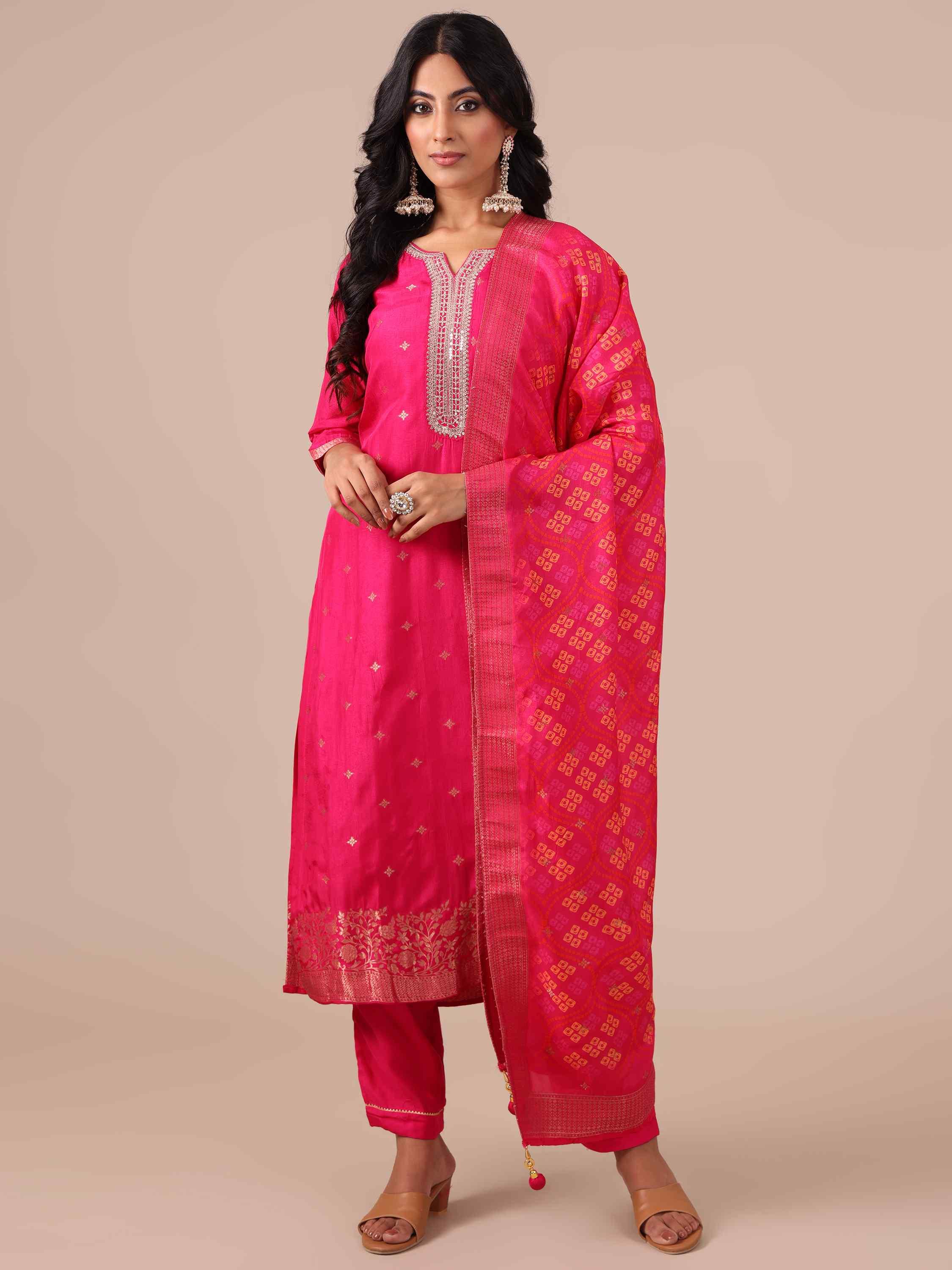 Rani Color Suit with Bandhej Dupatta - House of Surya