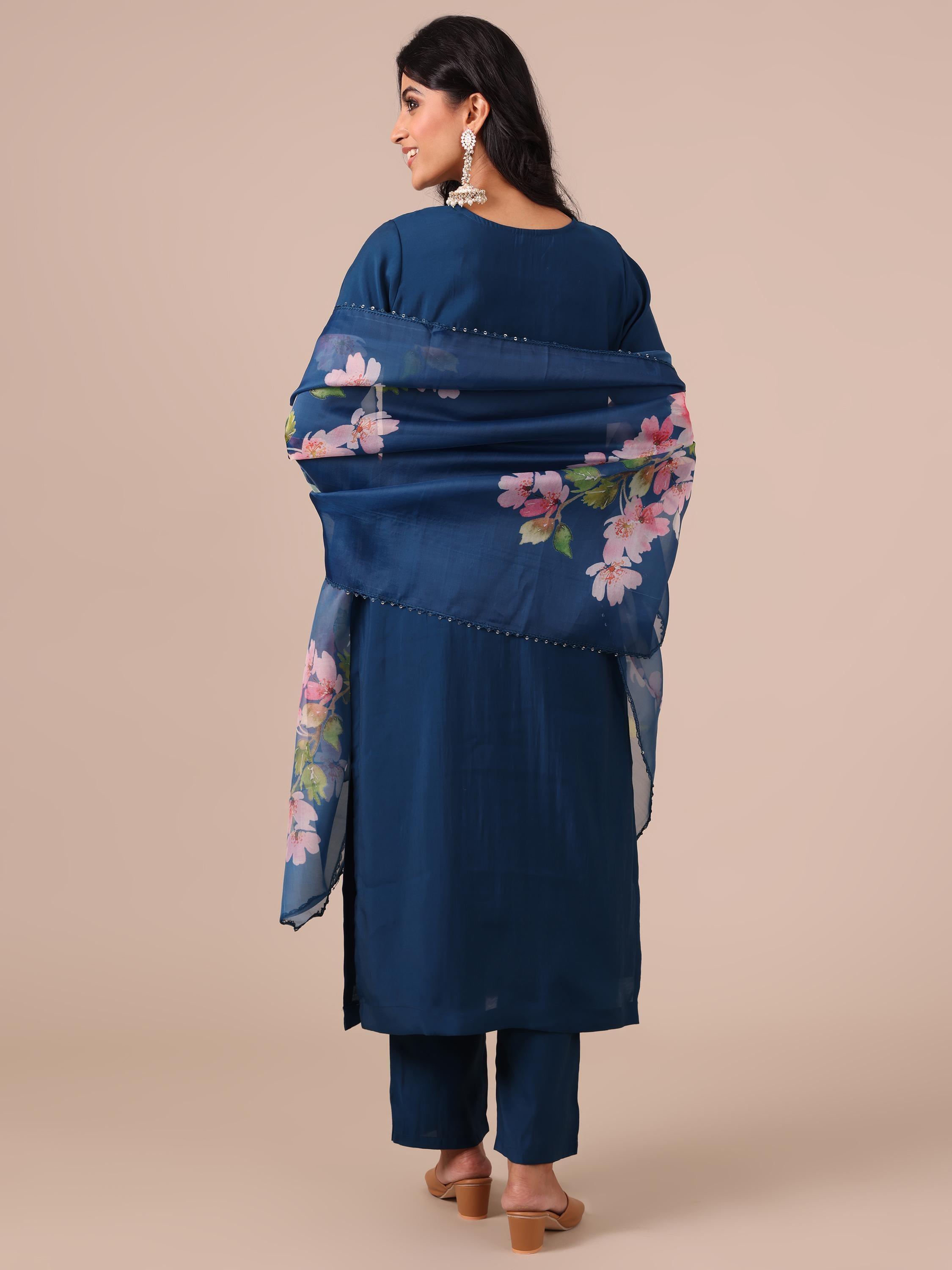 Peacock Blue Suit With Cutdana, Sequins and Dapka Work - House of Surya