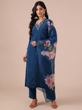 Peacock Blue Suit With Cutdana, Sequins and Dapka Work - House of Surya