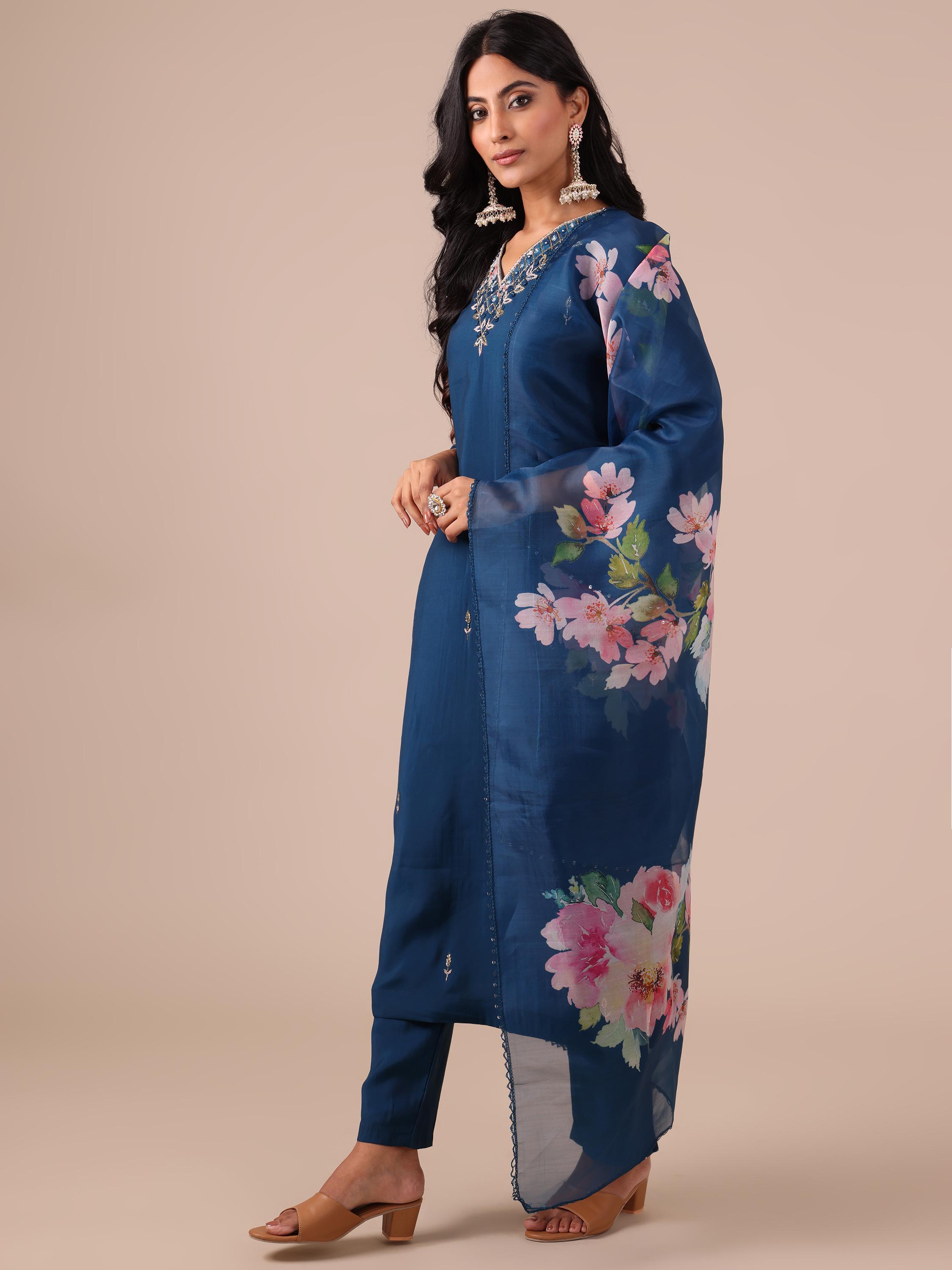 Peacock Blue Suit With Cutdana, Sequins and Dapka Work - House of Surya