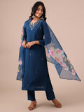 Peacock Blue Suit With Cutdana, Sequins and Dapka Work - House of Surya