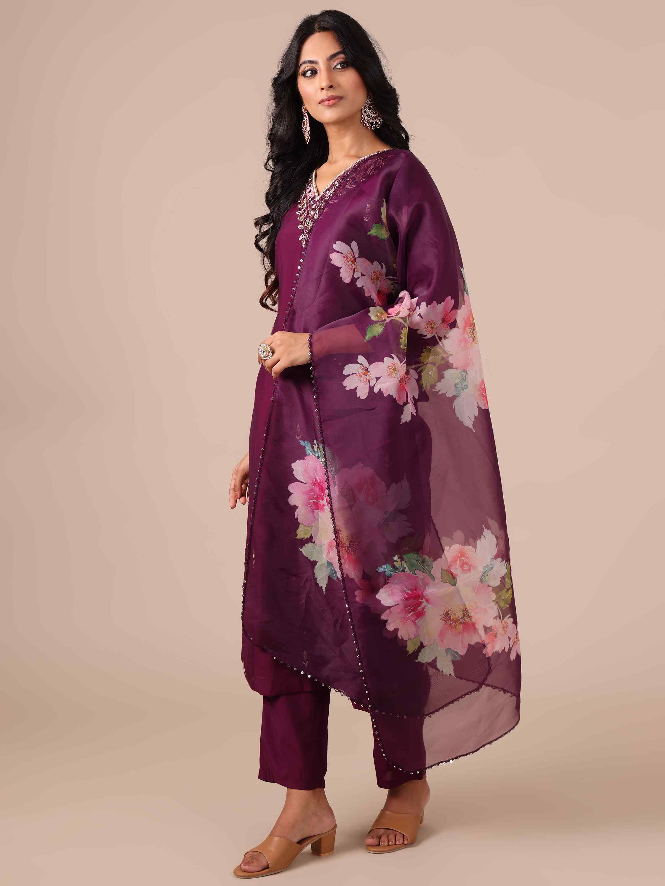 Wine Color Suit With Cutdana, Sequins and Dapka Work - House of Surya