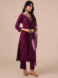 Wine Color Suit With Cutdana, Sequins and Dapka Work - House of Surya