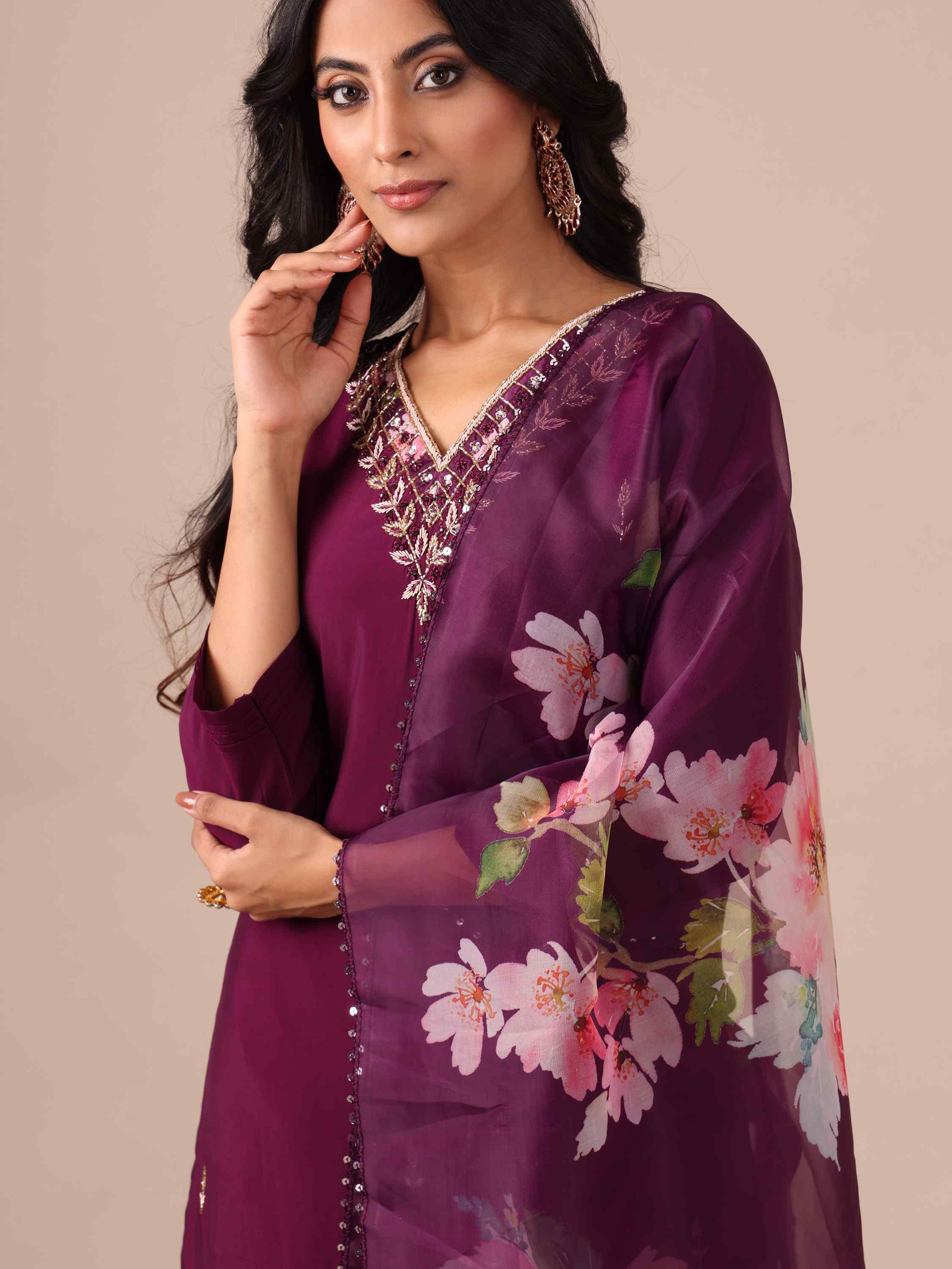 Wine Color Suit With Cutdana, Sequins and Dapka Work - House of Surya