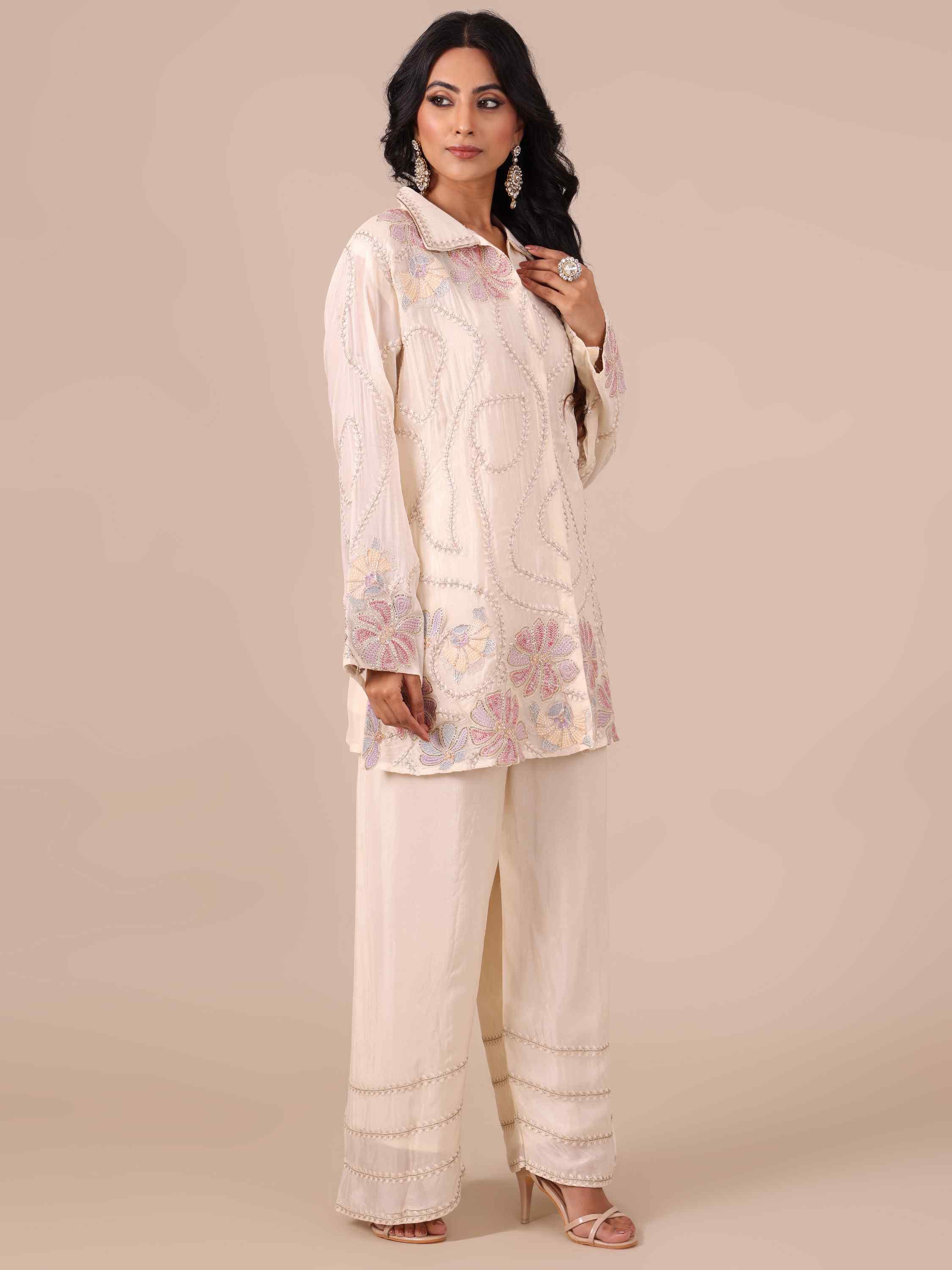 Ivory Chiffon Co-ord Set with Sequins, Cutdana & Silver Zari Work - House of Surya
