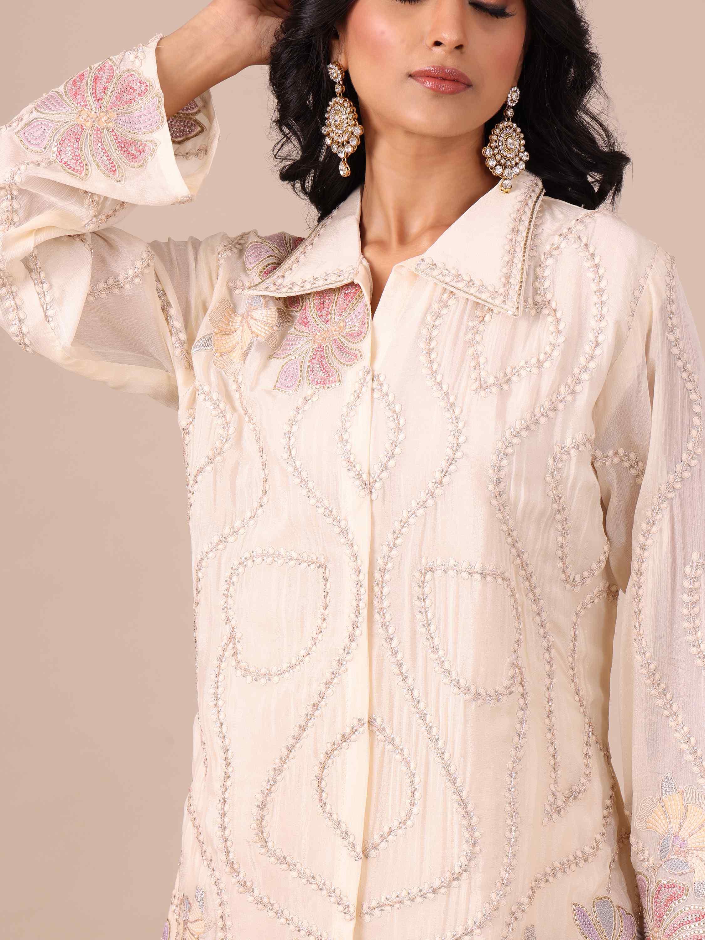 Ivory Chiffon Co-ord Set with Sequins, Cutdana & Silver Zari Work - House of Surya