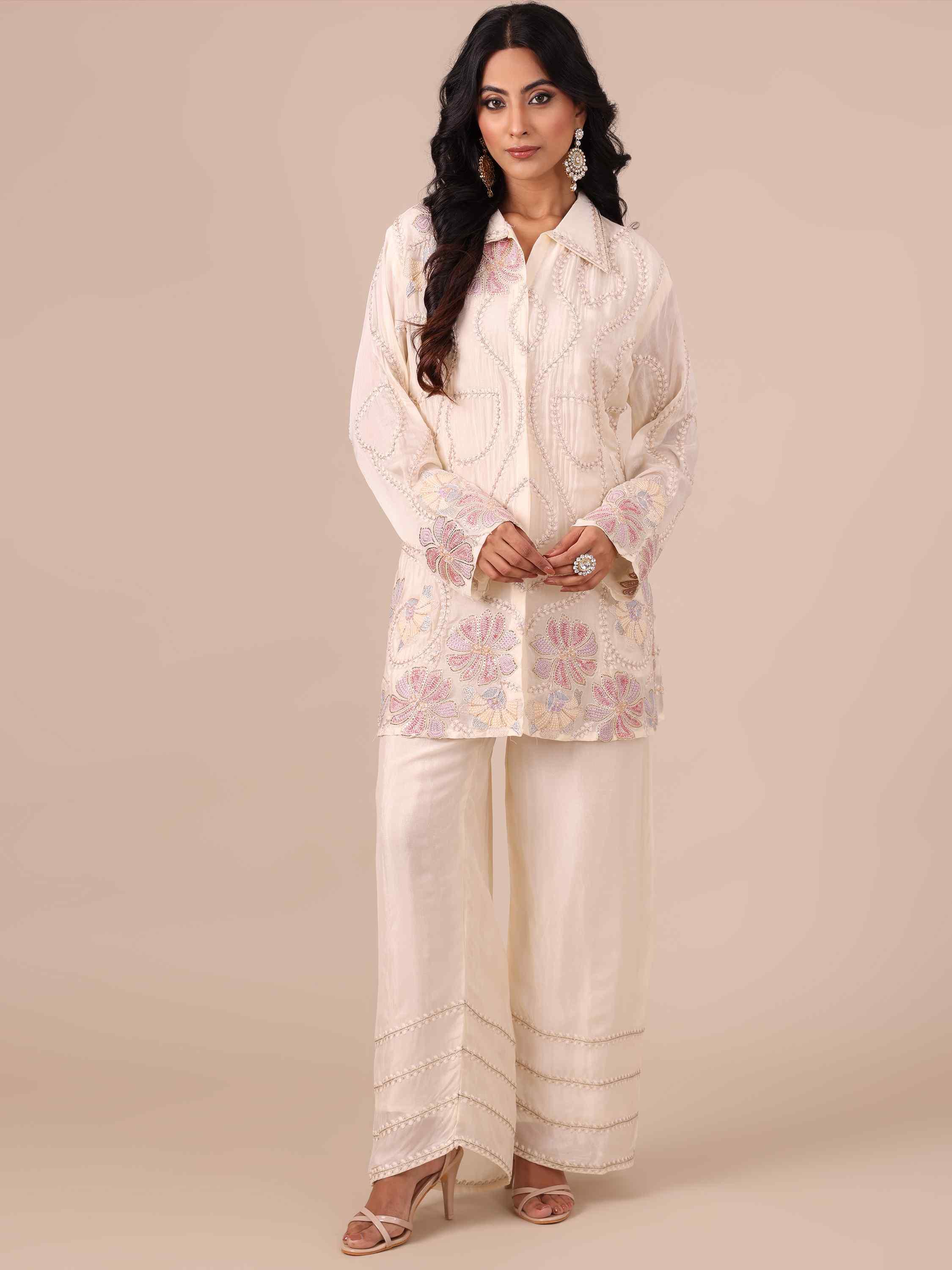 Ivory Chiffon Co-ord Set with Sequins, Cutdana & Silver Zari Work - House of Surya