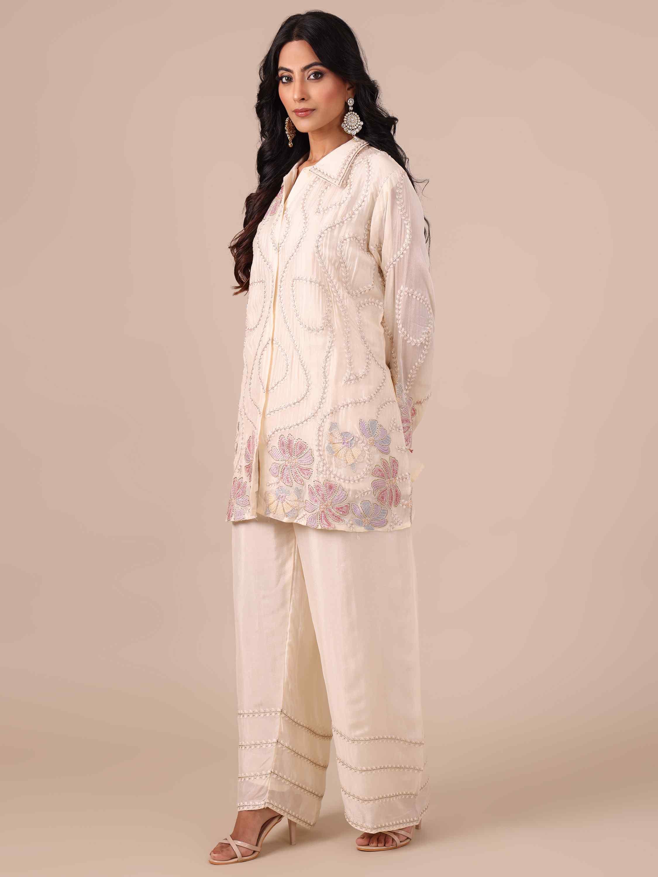 Ivory Chiffon Co-ord Set with Sequins, Cutdana & Silver Zari Work - House of Surya