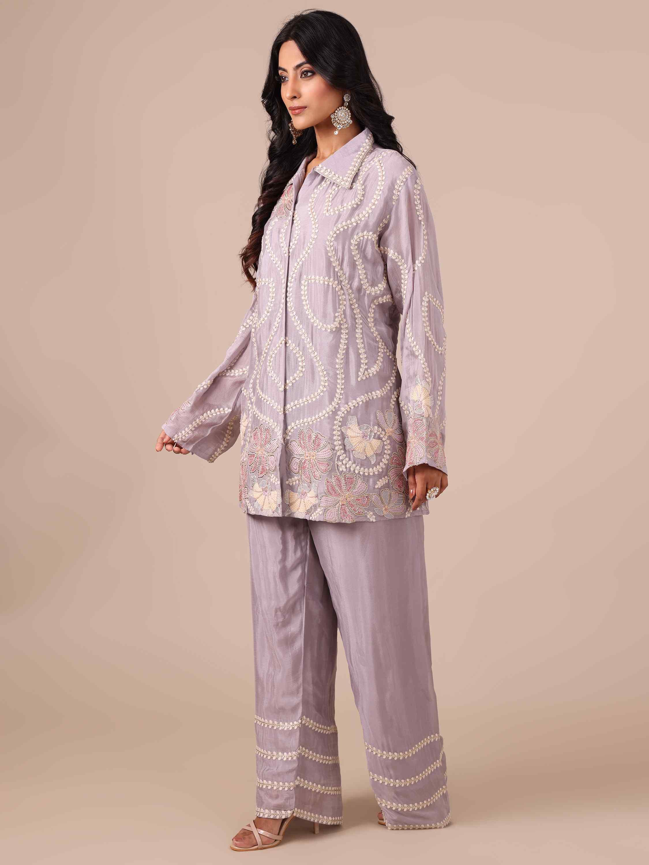 Lavender Color Chinon Co-ord Set With Cutdana and Silver Work - House of Surya