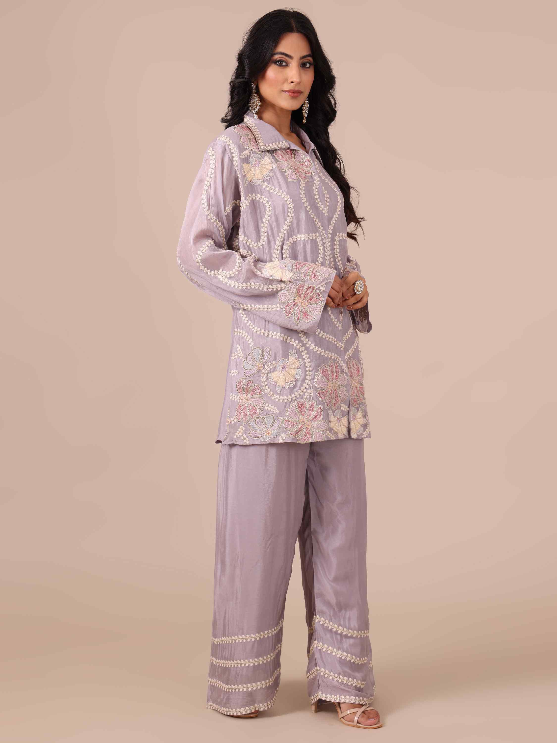 Lavender Color Chinon Co-ord Set With Cutdana and Silver Work - House of Surya