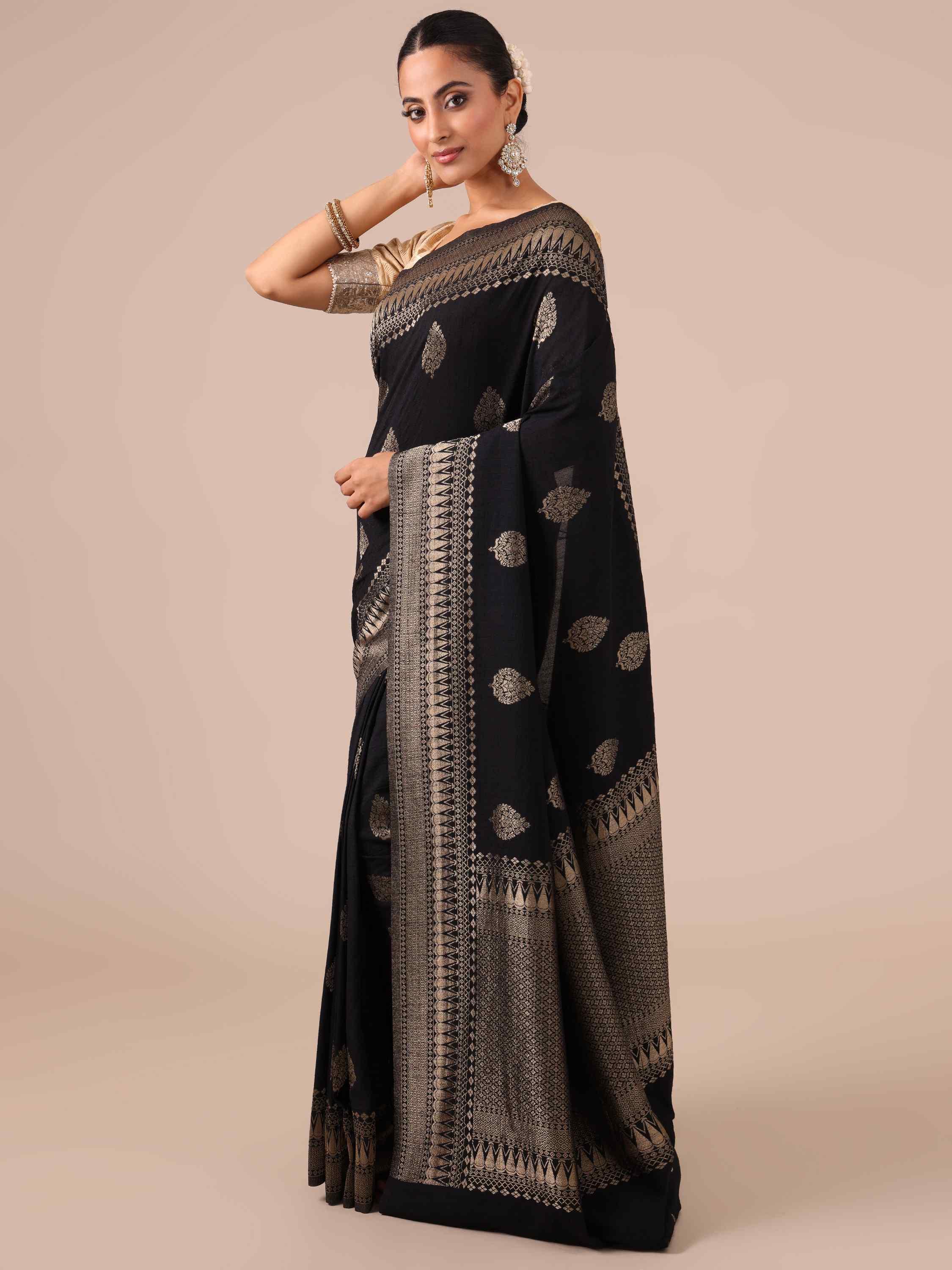 Black Tussar Silk Saree - House of Surya