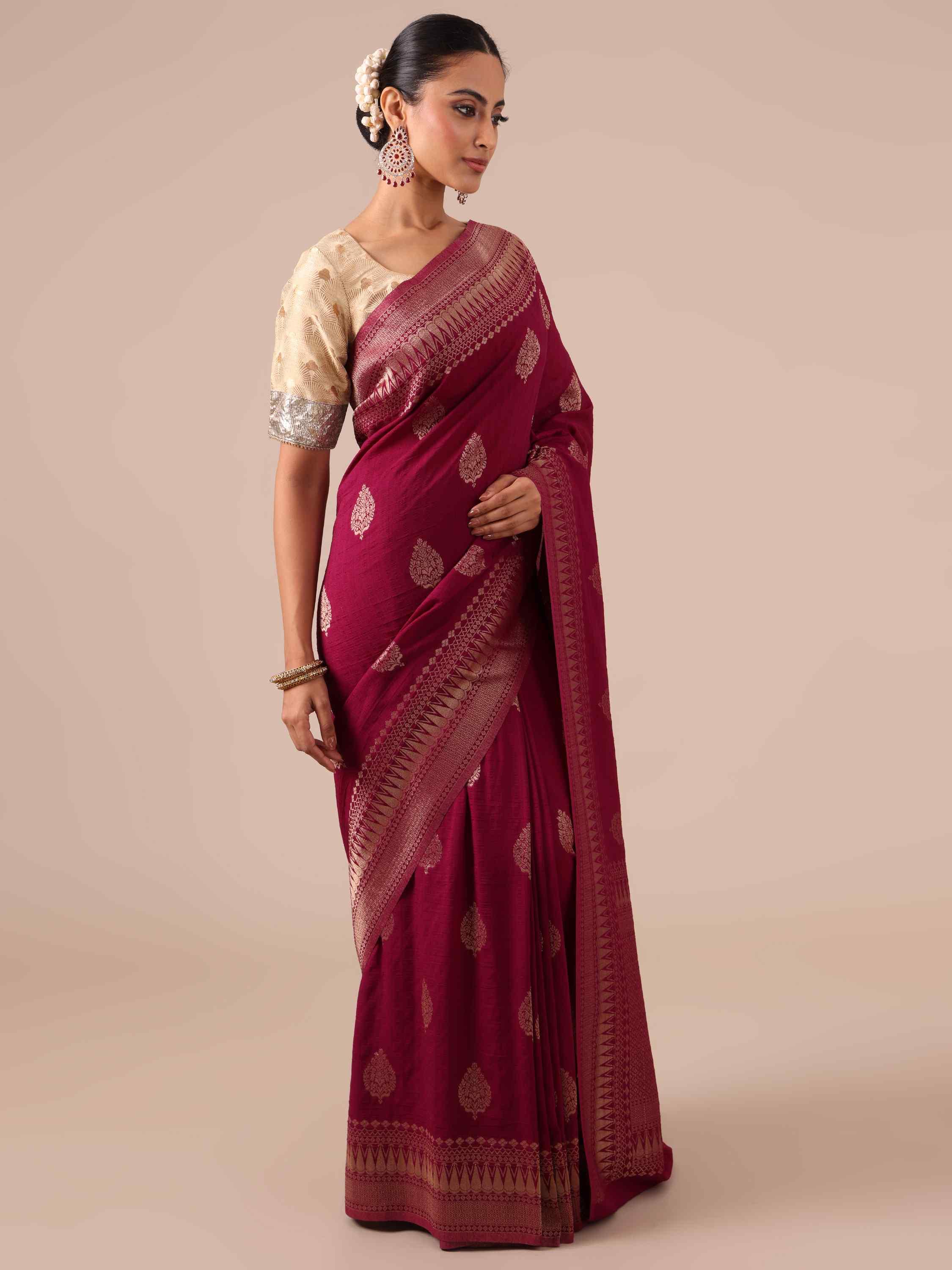 Maroon Tussar Silk Weaving Saree with a Matching Blouse - House of Surya