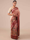 Peach Silk Saree with Maroon Silk Unstitched Blouse - House of Surya