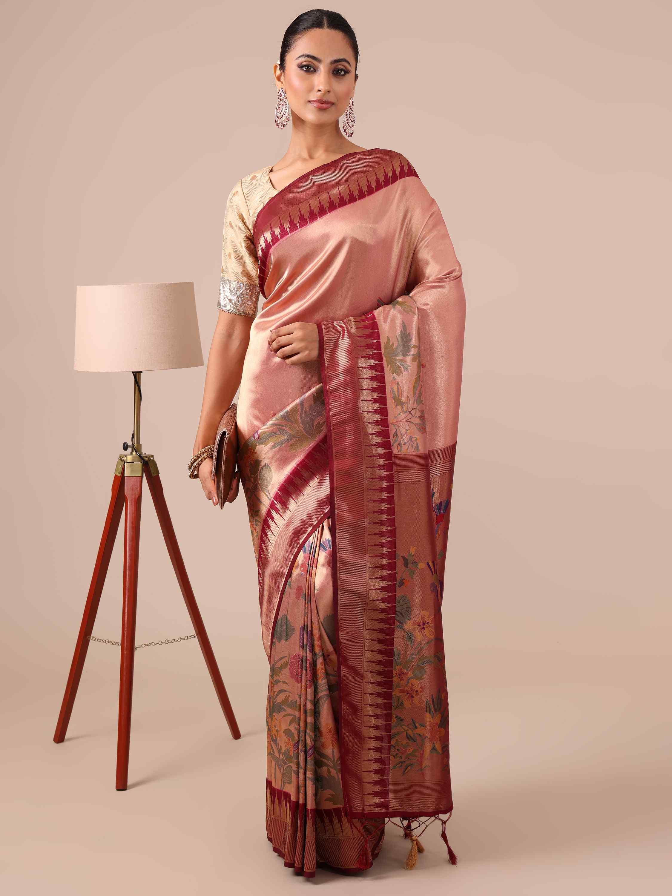 Peach Silk Saree with Maroon Silk Unstitched Blouse - House of Surya