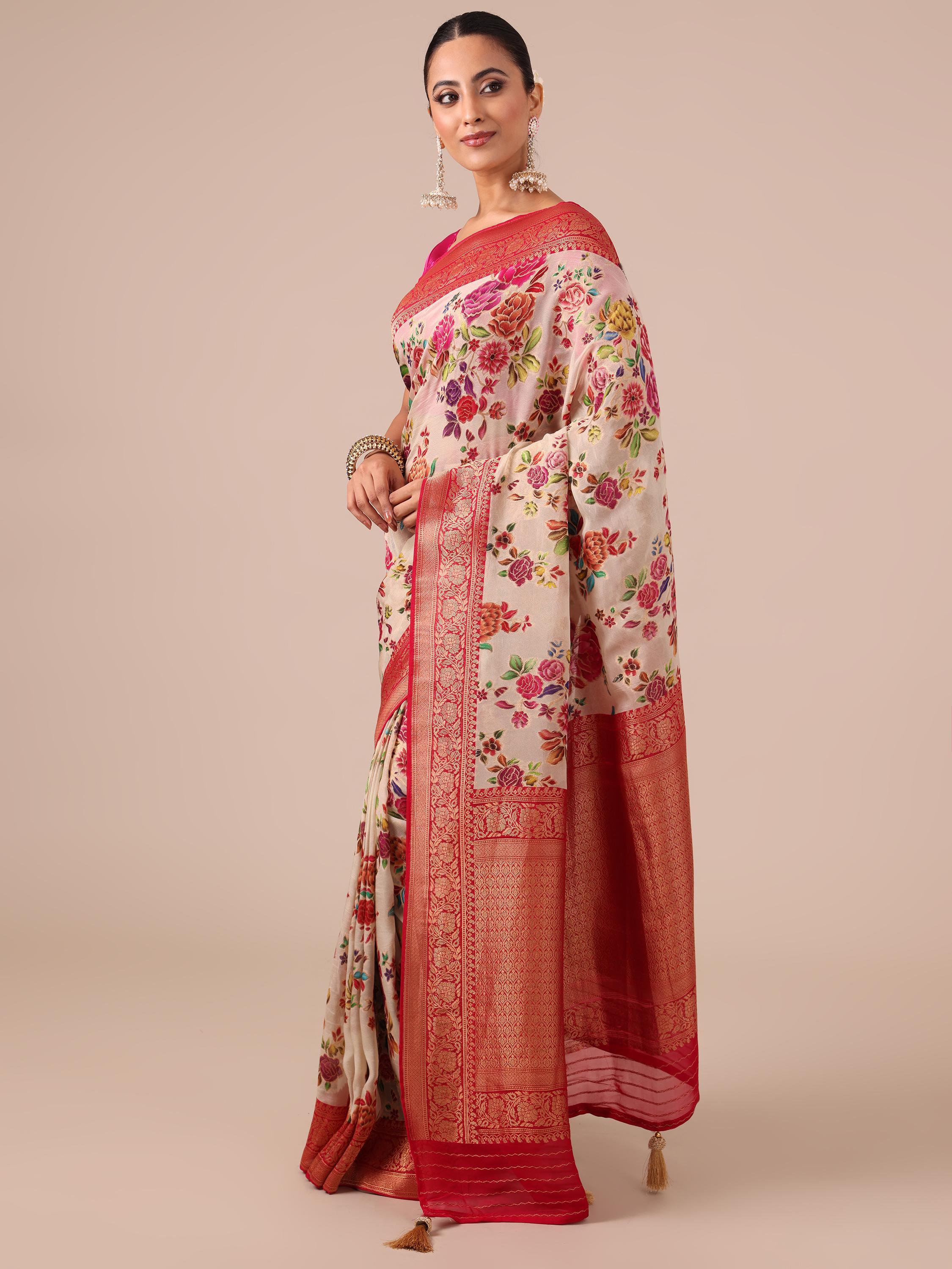 Cream Georgette Saree with Red Georgette Unstitched Blouse - House of Surya