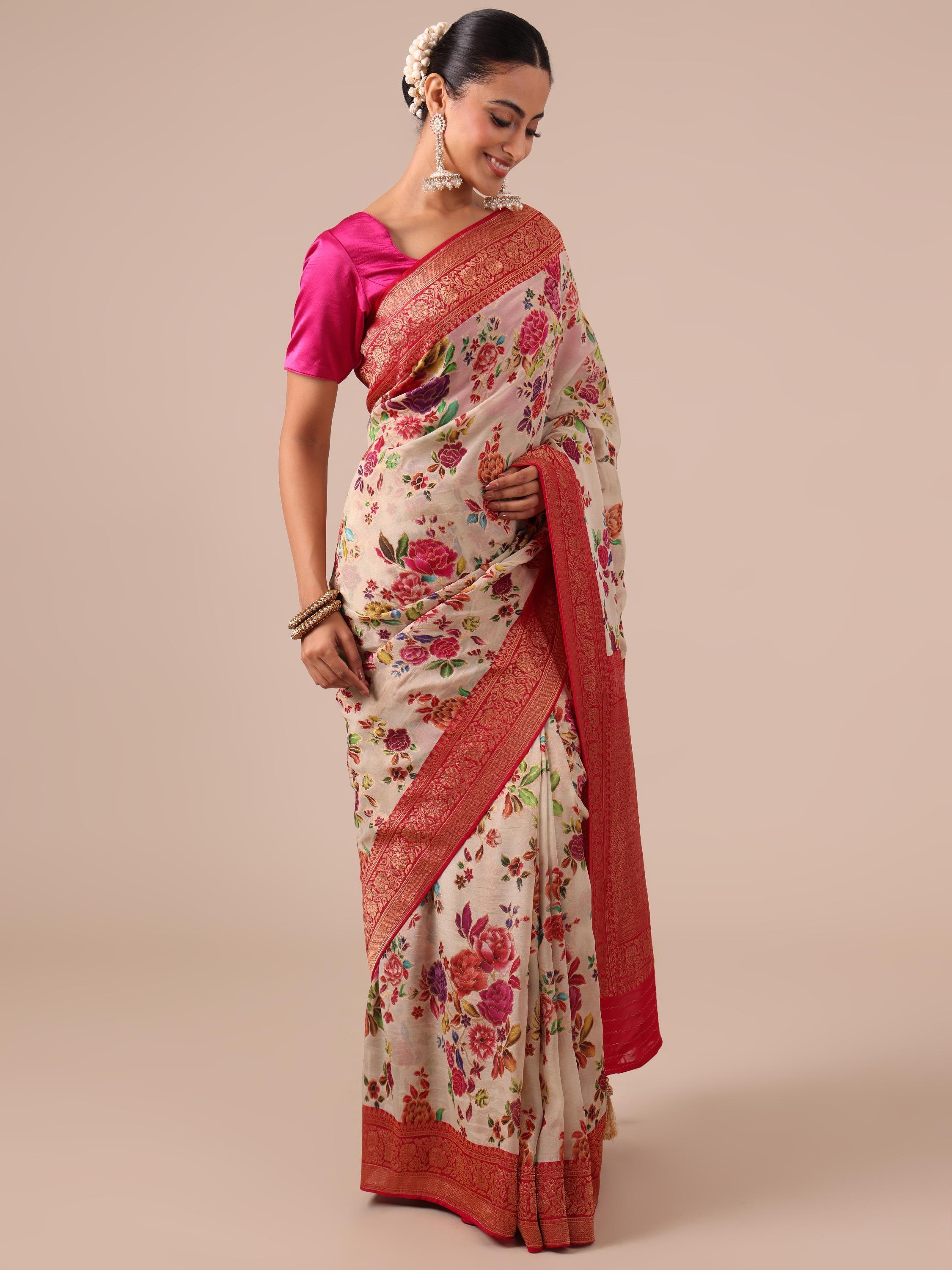 Cream Georgette Saree with Red Georgette Unstitched Blouse - House of Surya