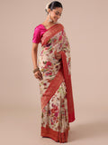 Cream Georgette Saree with Red Georgette Unstitched Blouse - House of Surya