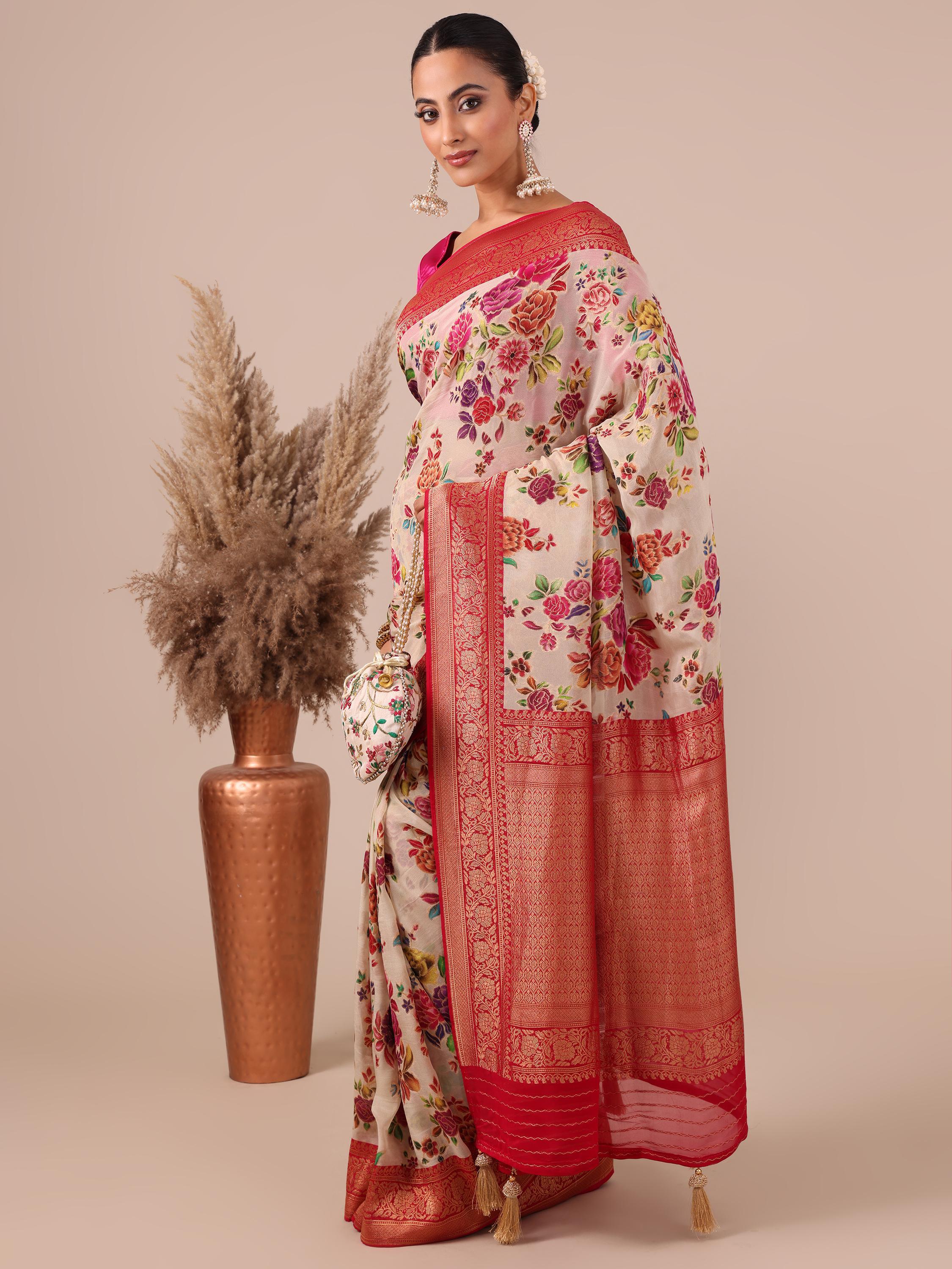 Cream Georgette Saree with Red Georgette Unstitched Blouse - House of Surya