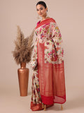 Cream Georgette Saree with Red Georgette Unstitched Blouse - House of Surya