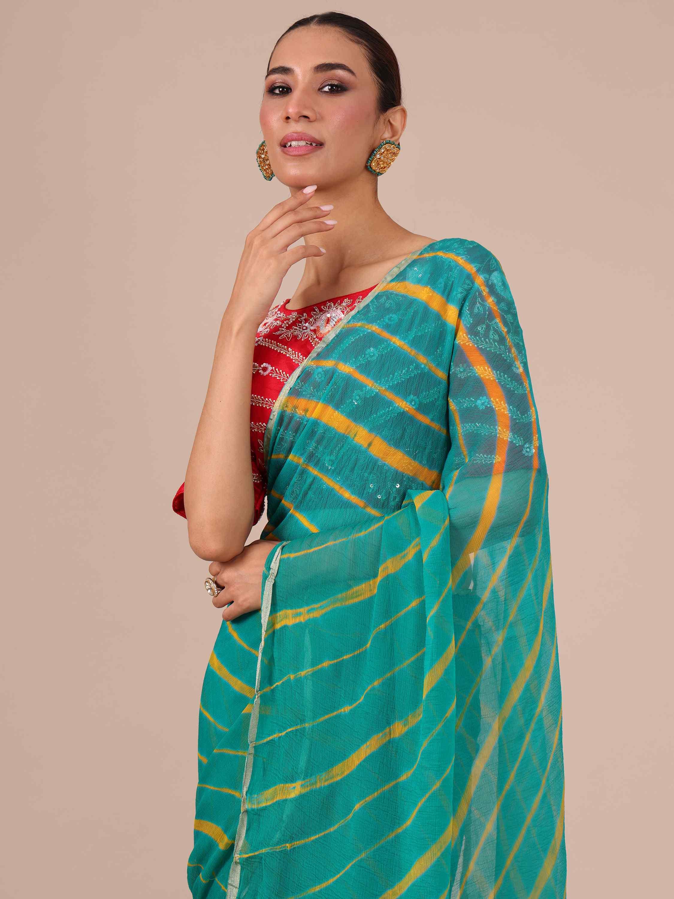 Rama Chiffon Saree with Leheriya Print - House of Surya
