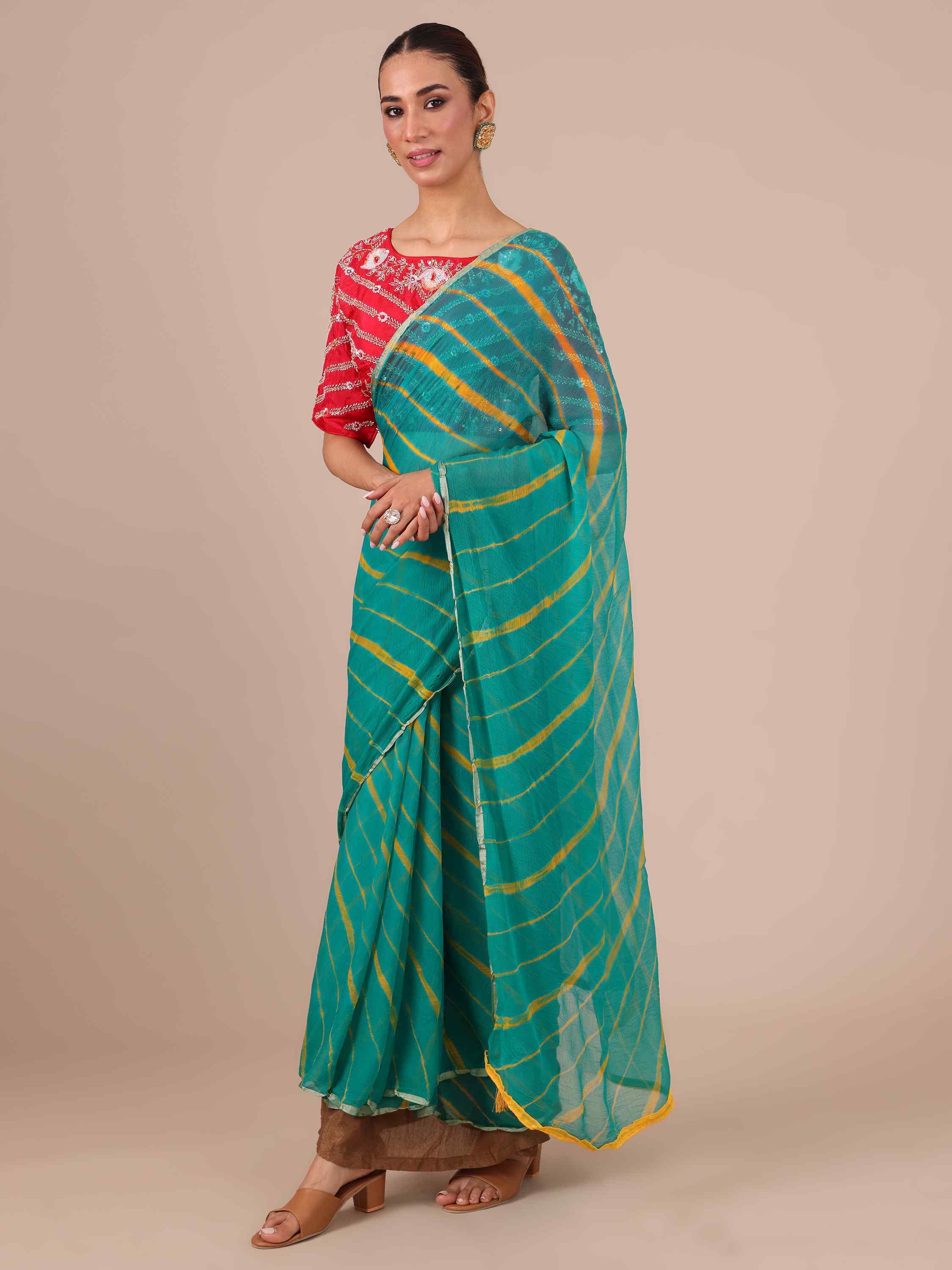 Rama Chiffon Saree with Leheriya Print - House of Surya