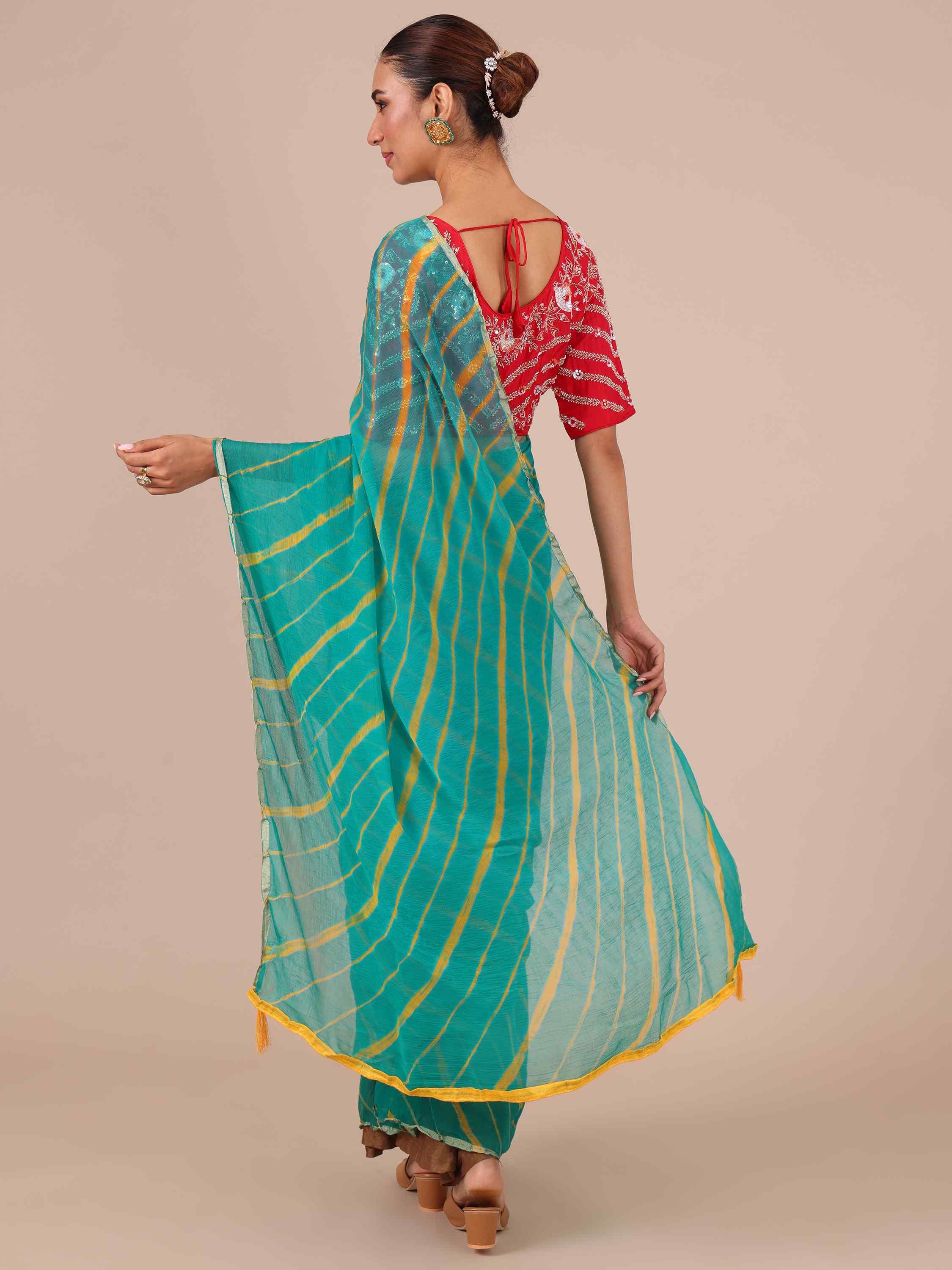 Rama Chiffon Saree with Leheriya Print - House of Surya