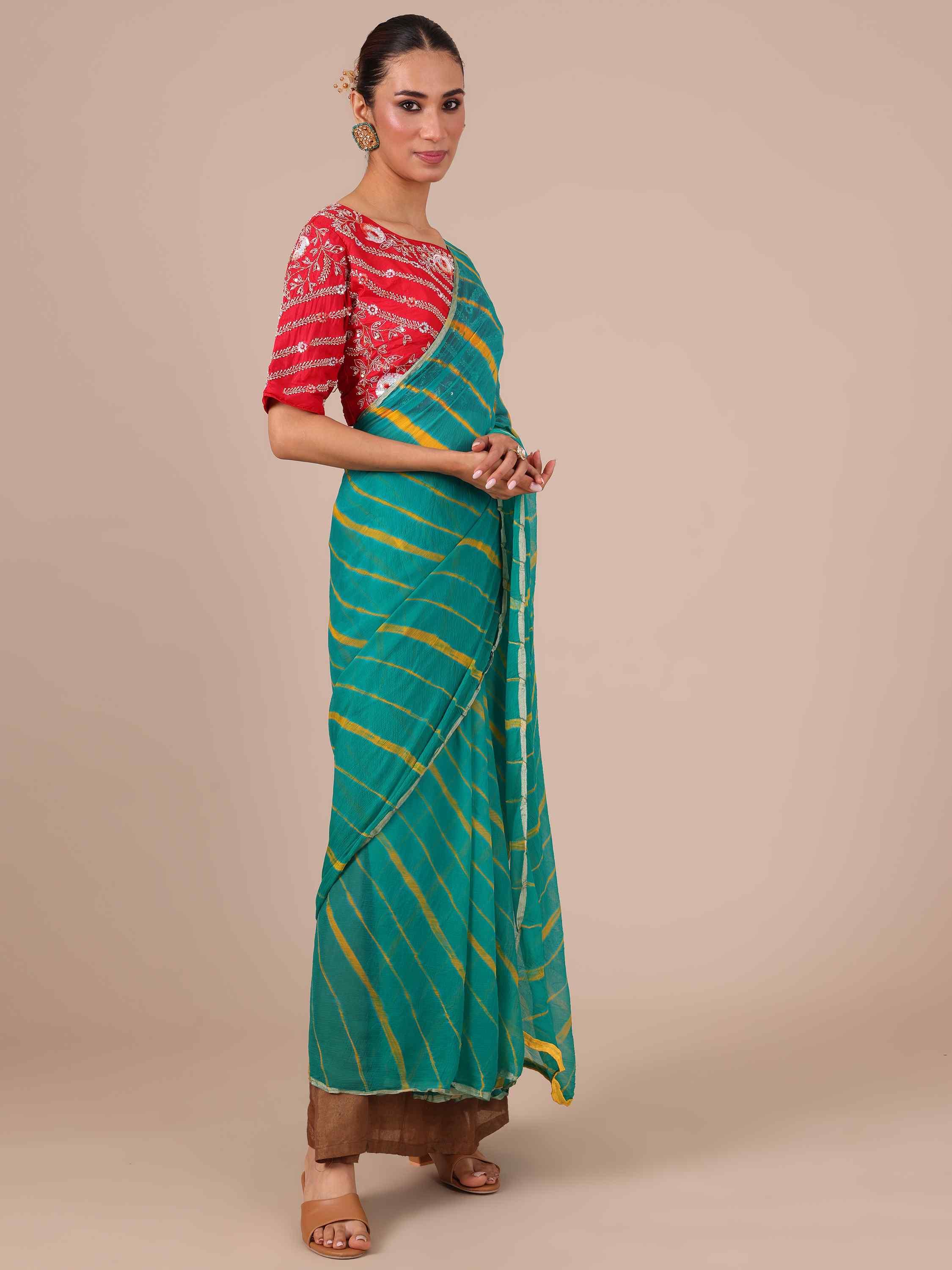 Rama Chiffon Saree with Leheriya Print - House of Surya