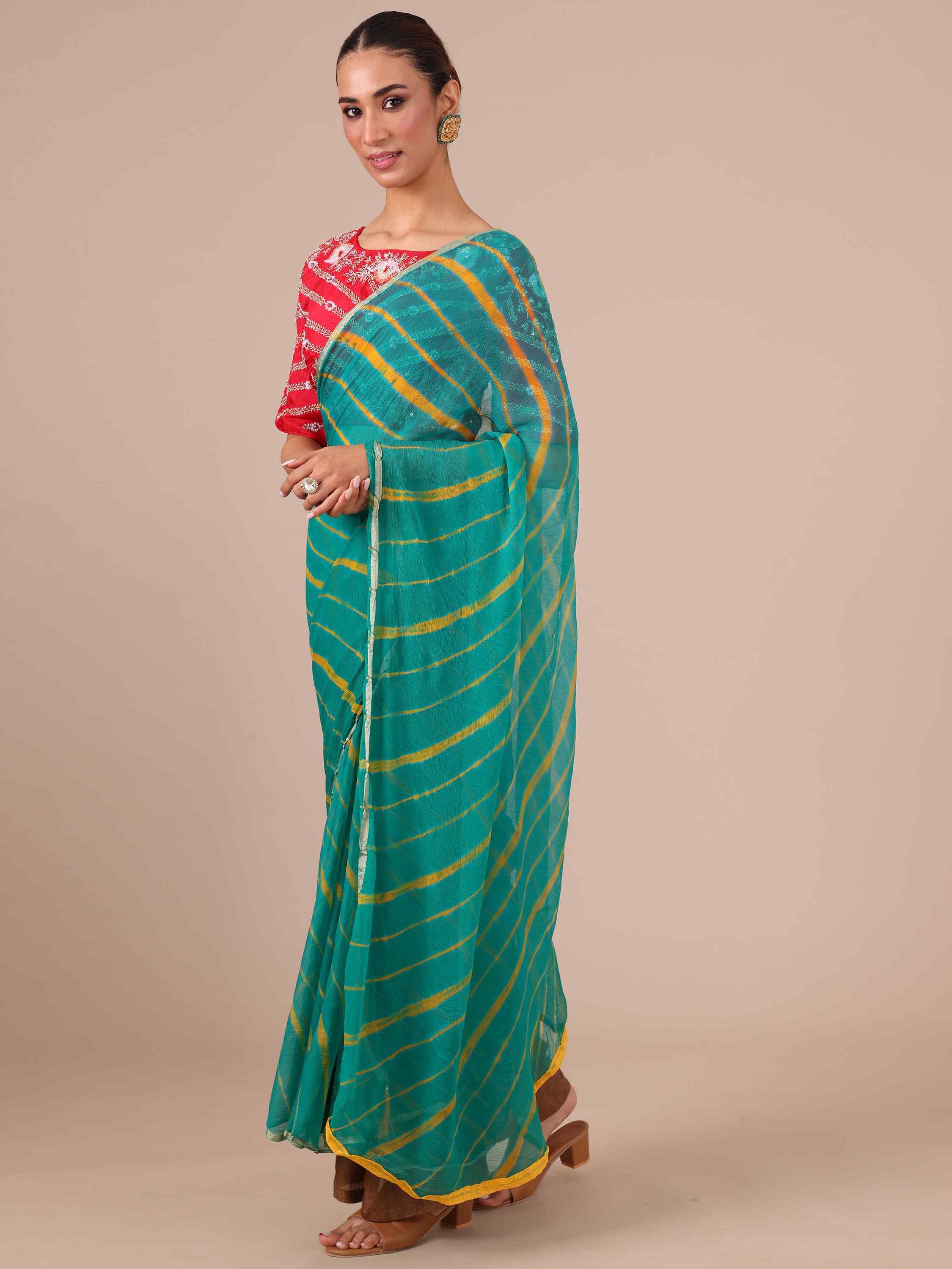 Rama Chiffon Saree with Leheriya Print - House of Surya