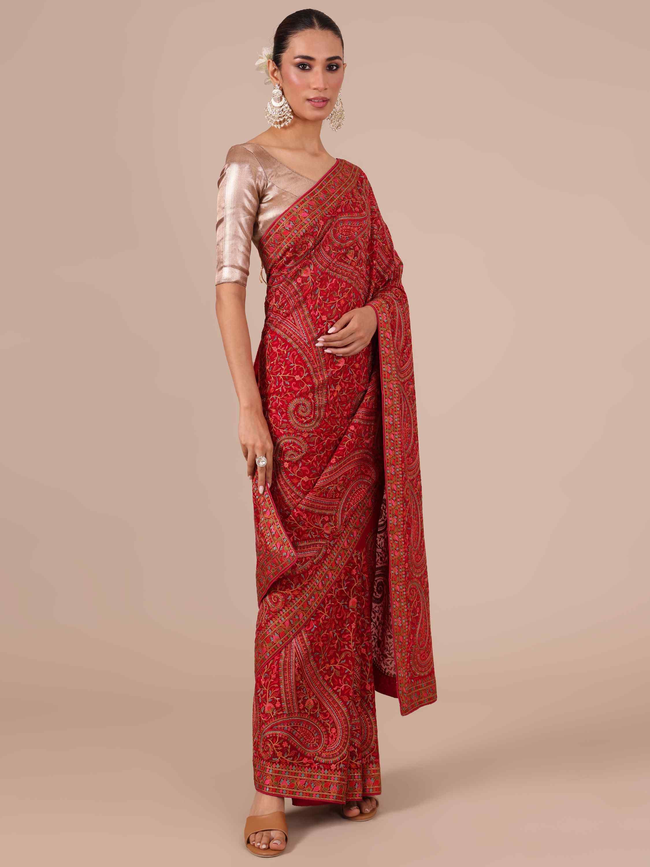 Kashmiri Georgette Saree in Radiant Rani with Unstitched Blouse - House of Surya