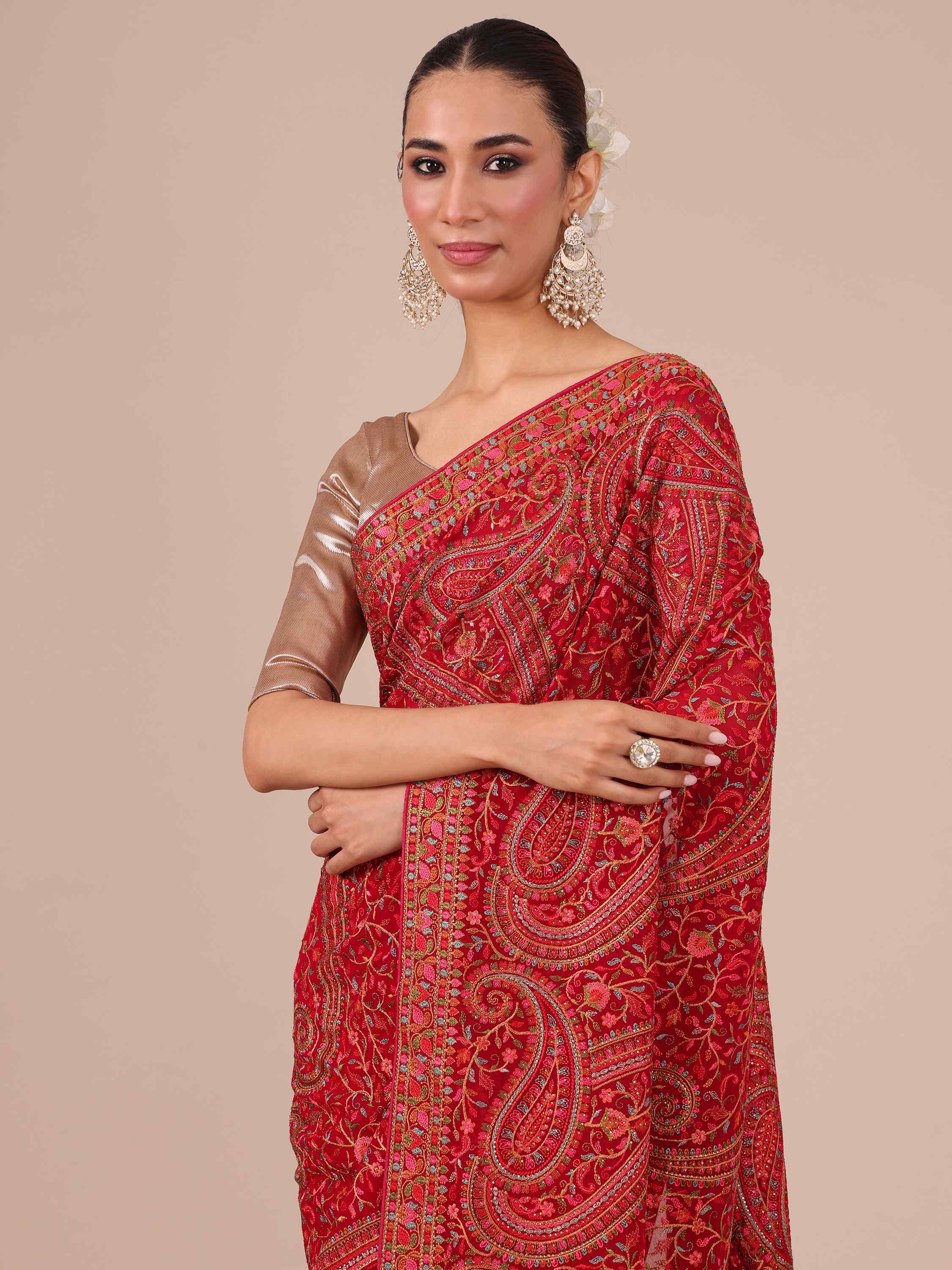 Kashmiri Georgette Saree in Radiant Rani with Unstitched Blouse - House of Surya