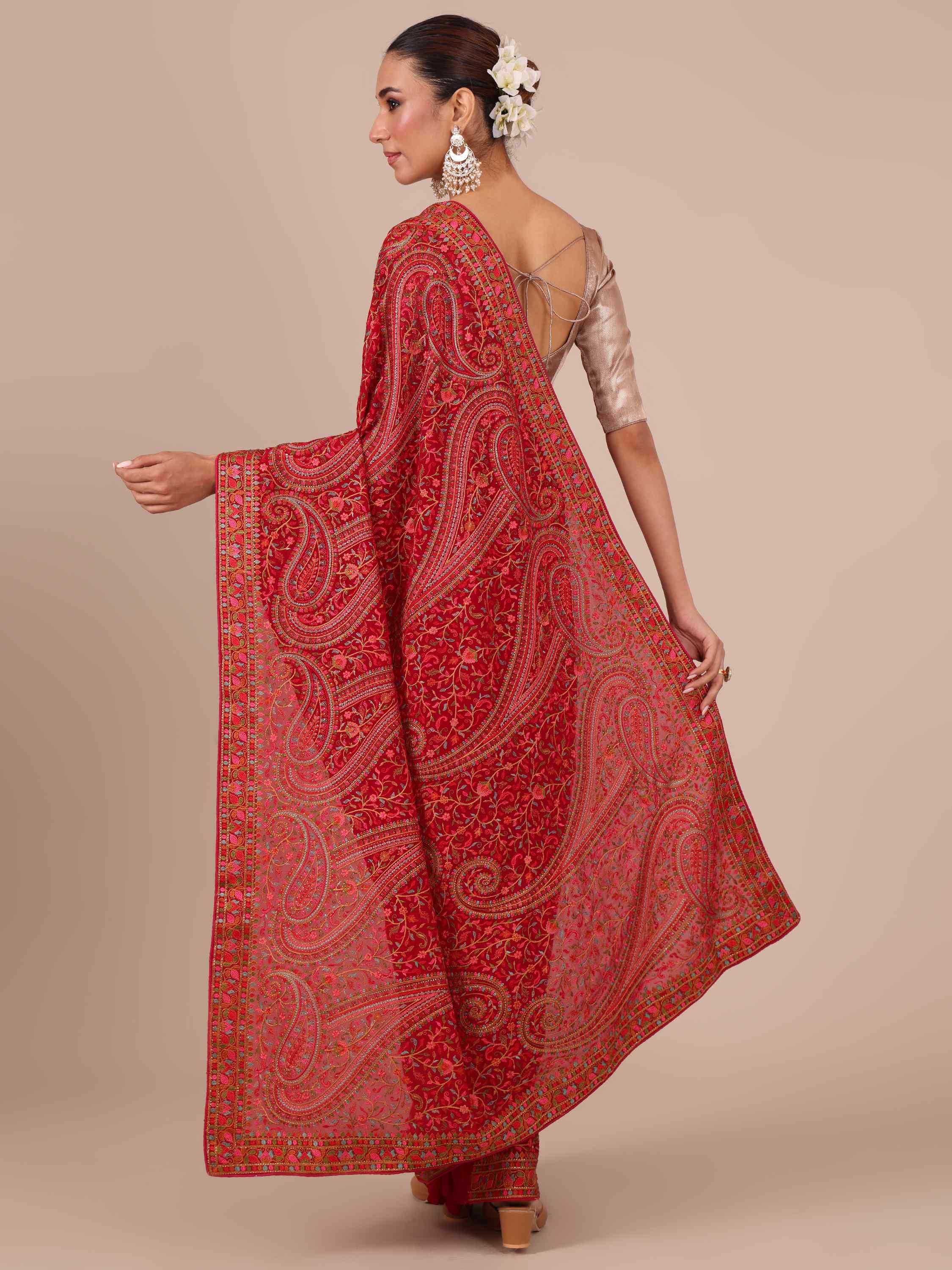 Kashmiri Georgette Saree in Radiant Rani with Unstitched Blouse - House of Surya