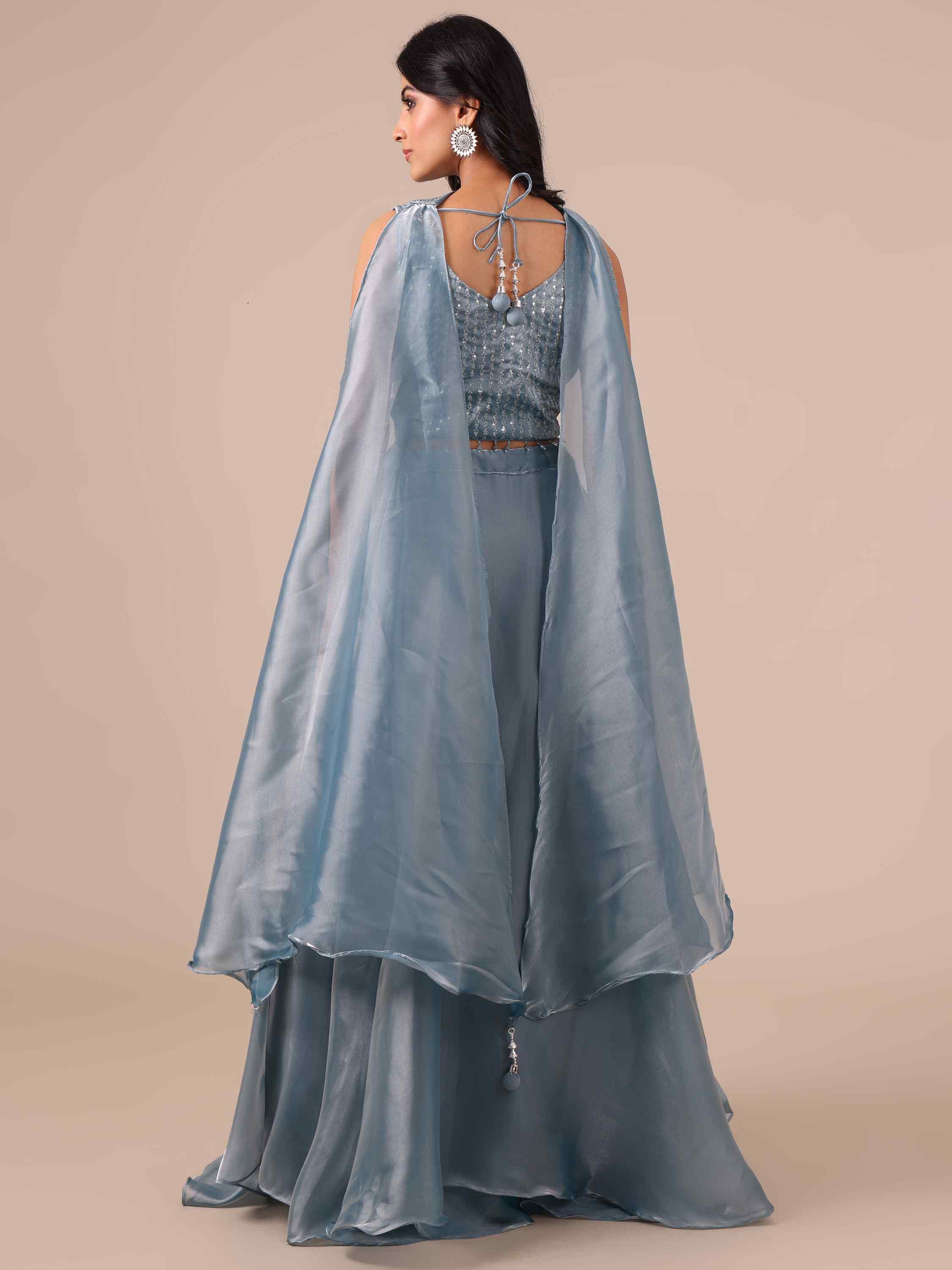 Ice Blue Lehenga Choli with Sequins & Thread Work - House of Surya