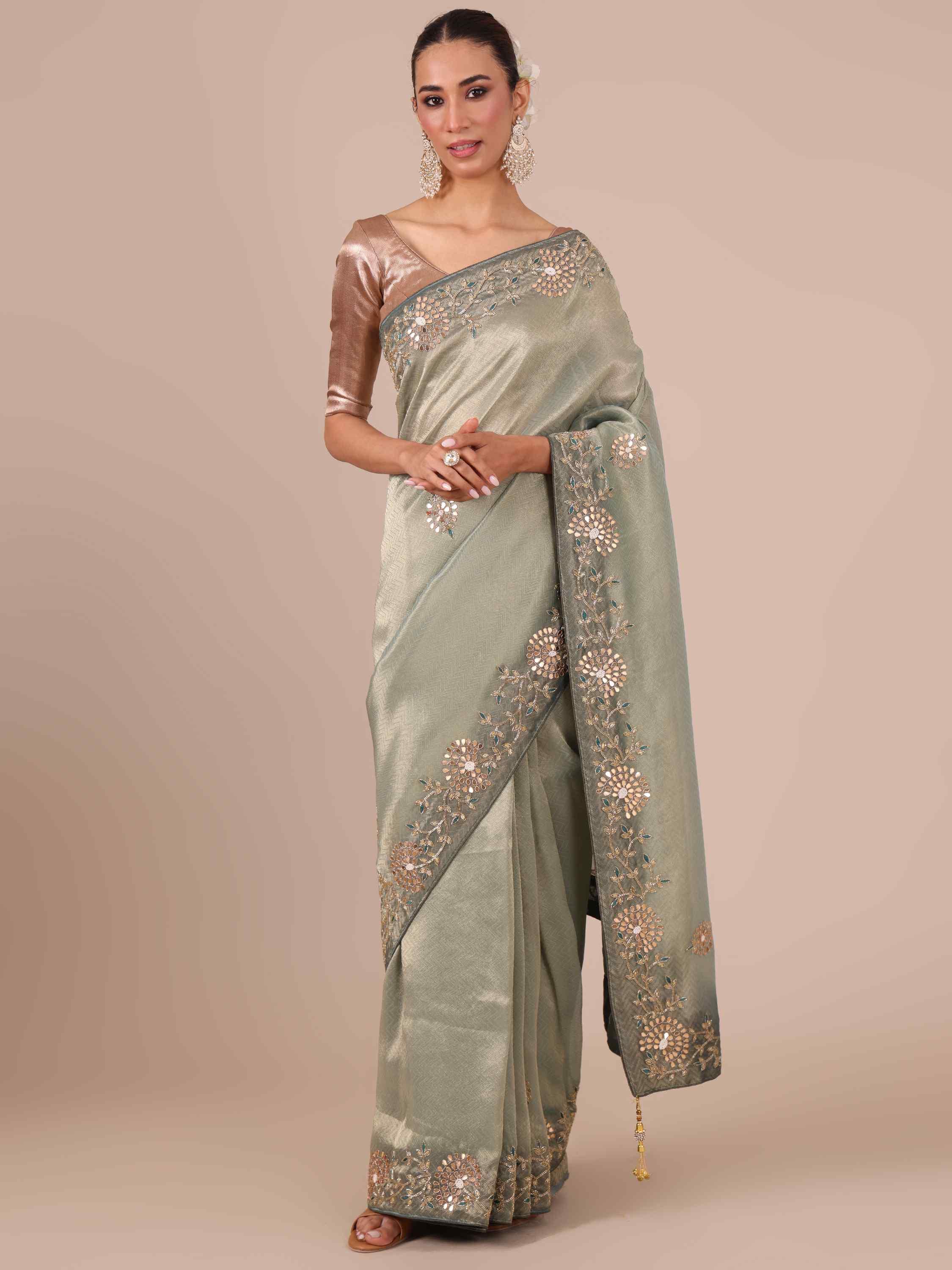 Sea Green Tissue Organza Saree with Unstitched Blouse - House of Surya